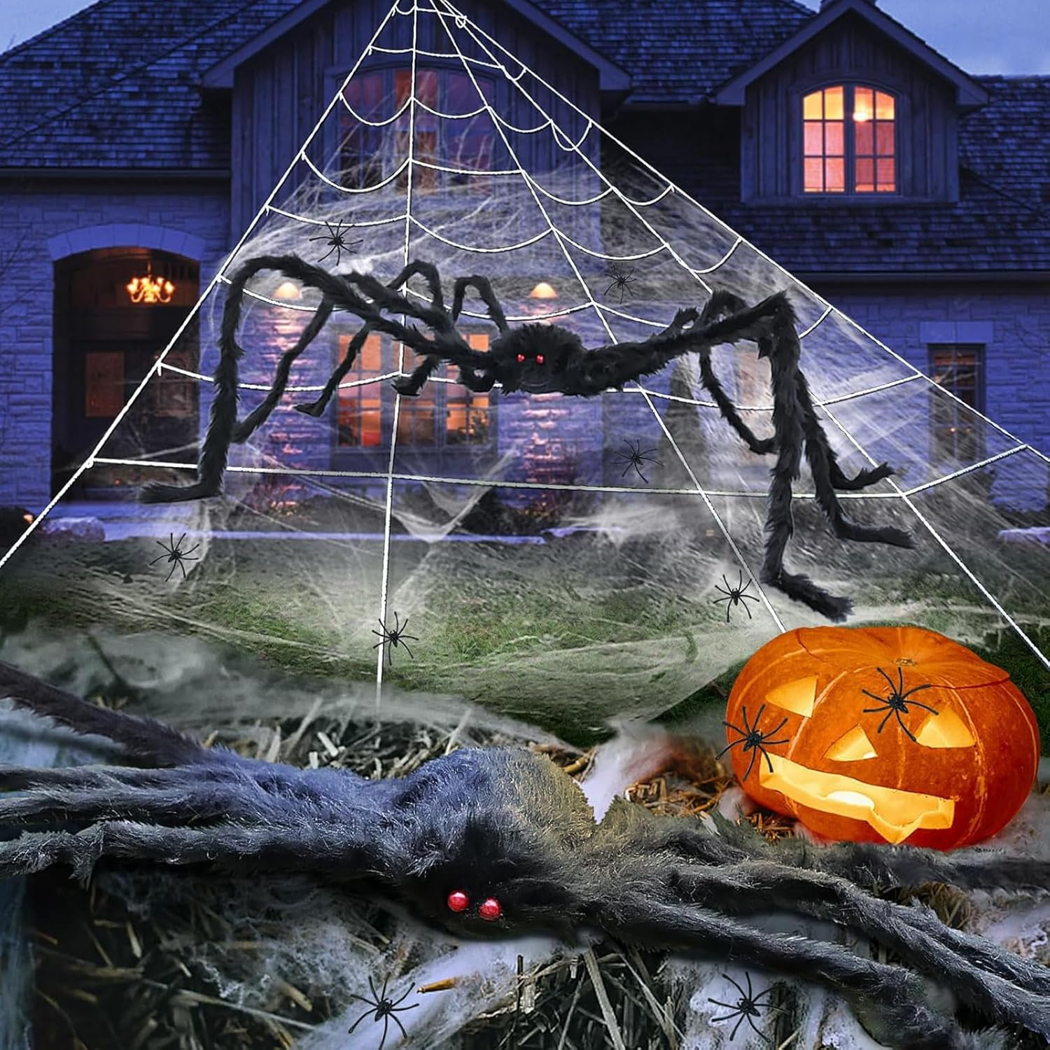 Giant Yard Halloween Decorations Outdoor Spider Web with 150CM Spider outside Scary Decor Hanging Triangular Mega Spider Web Fake Spiders Stretch Cobweb Set Party Supplies Favor image number 3