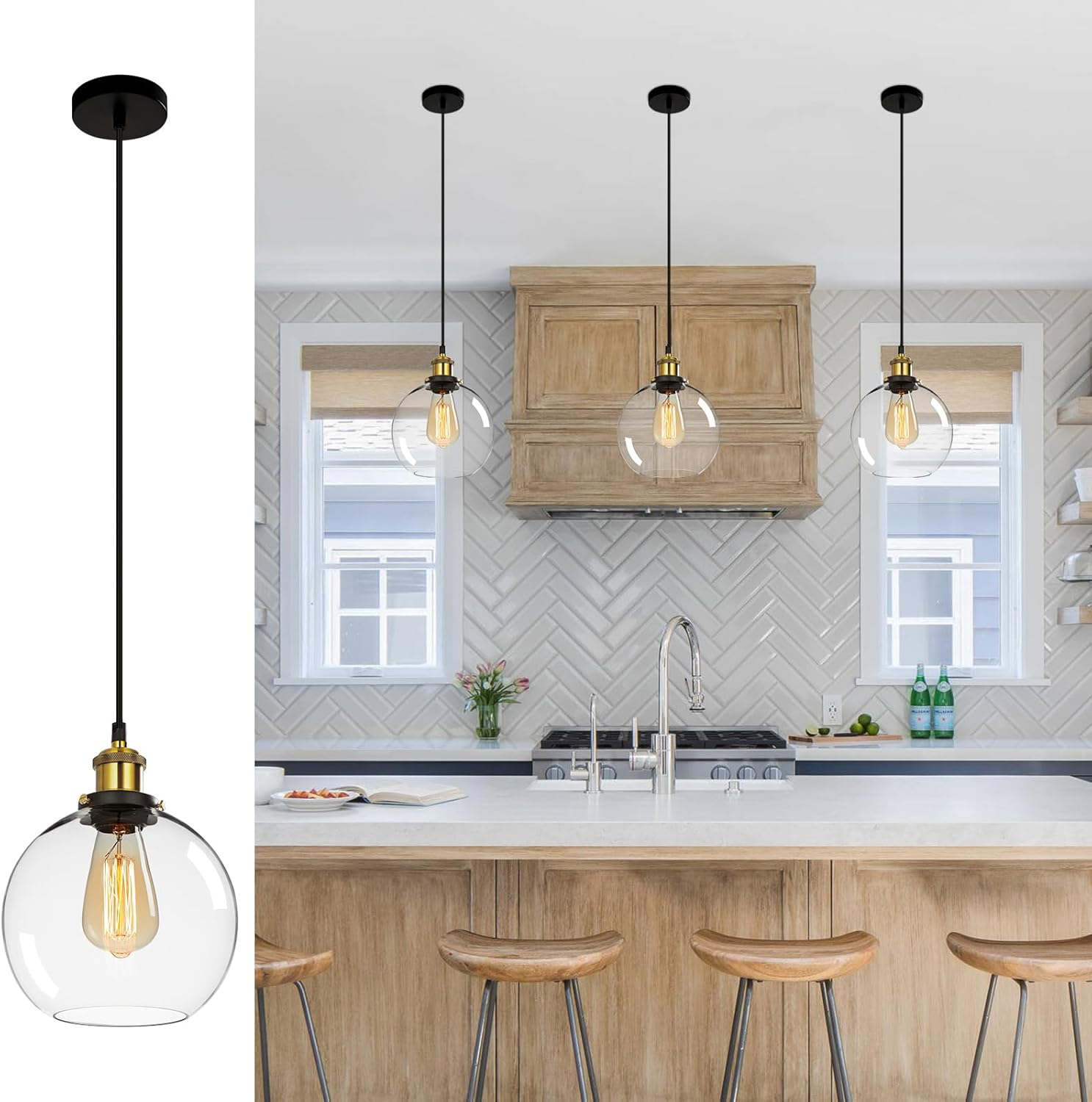 FORCOSO 3PCS Vintage Glass Pendant Light, Industrial Ceiling Pendant Lights with Clear Glass Globe Shade, Adjustable Pendant Lighting for Kitchen Island Dining Table Hallway Entryway（&Oslash;20Cm） image number 2