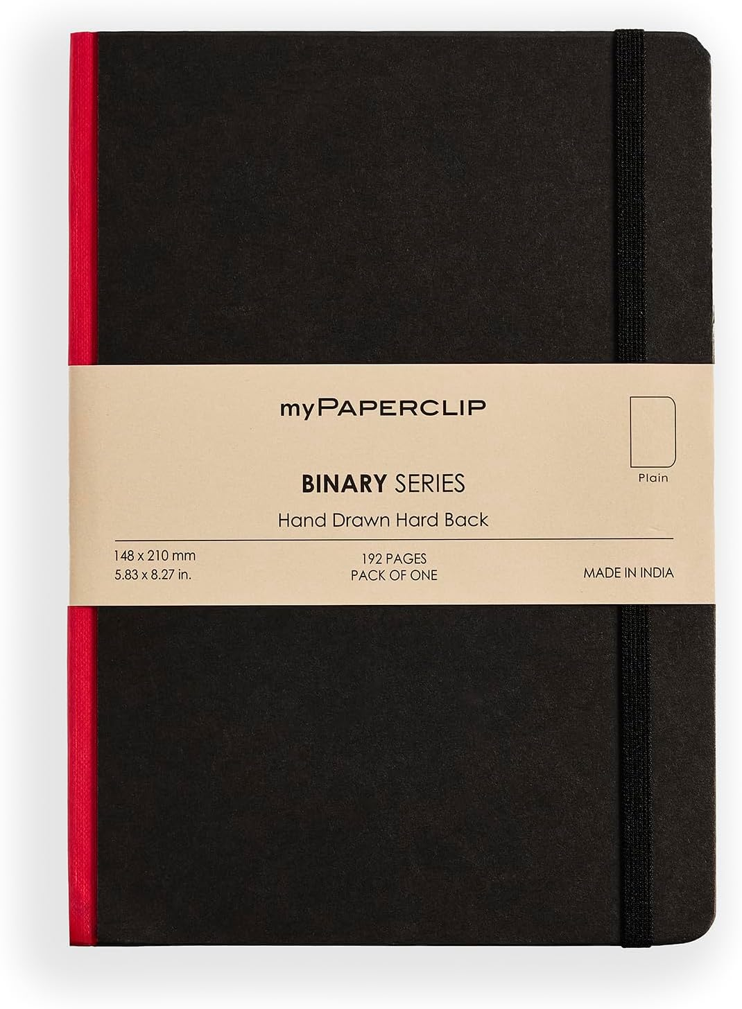 Mypaperclip Binary Series Notebook, Section Thread Bound, Hand Drawn Hard Cover, A5 (148 X 210 Mm, 5.83 X 8.27 In.) Plain, BSH192A5-P Black Hard Cover, Red Spine image number 2