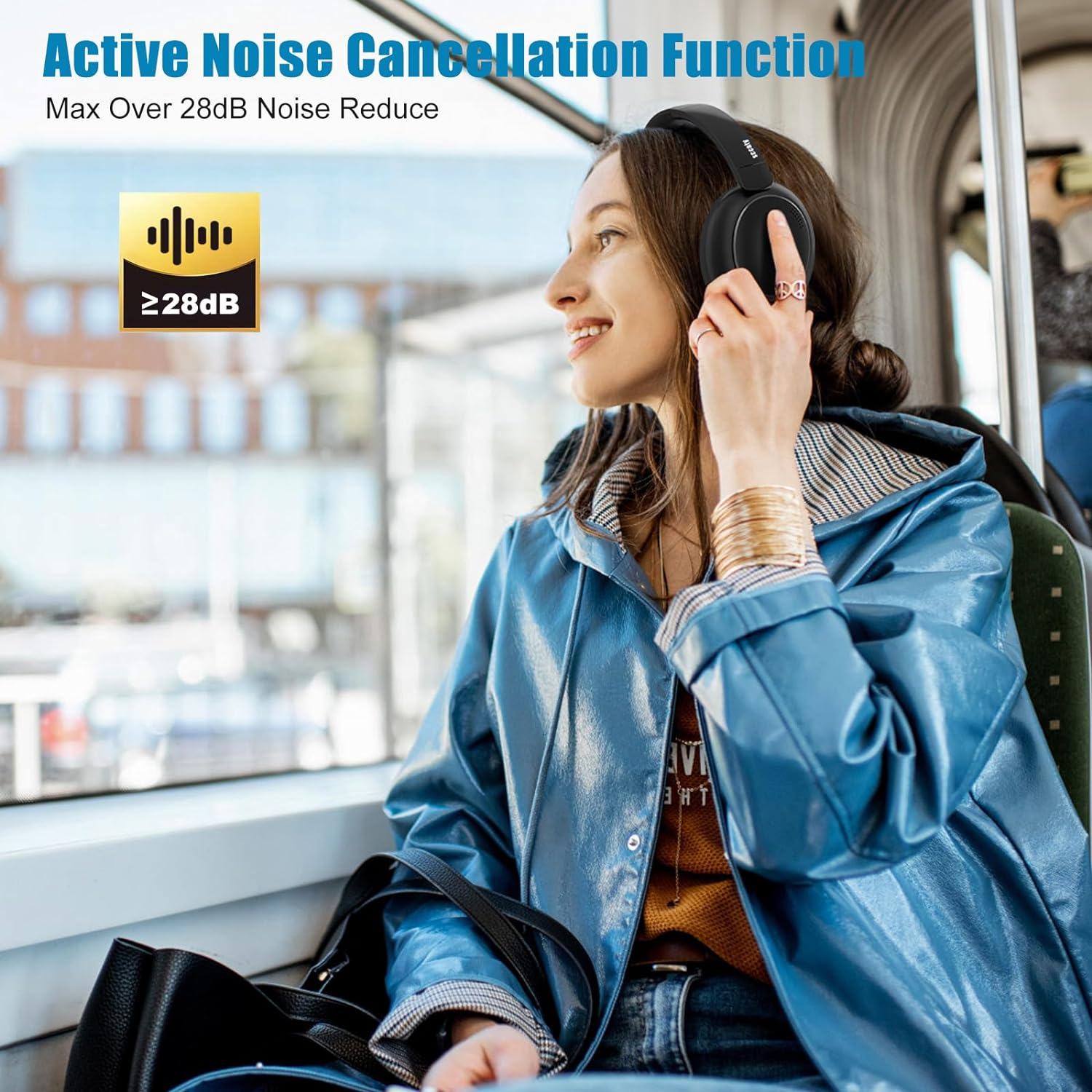 Over Ear Headphones, Wireless Earphones with Bluetooth 5.3, ANC Function with 55H Playtime, up to 30Db Space Noise Reduce, CVC 8.0 Mic, Hi-Res Sound, USB-C Charge, Protein Skin Ear Cups image number 4