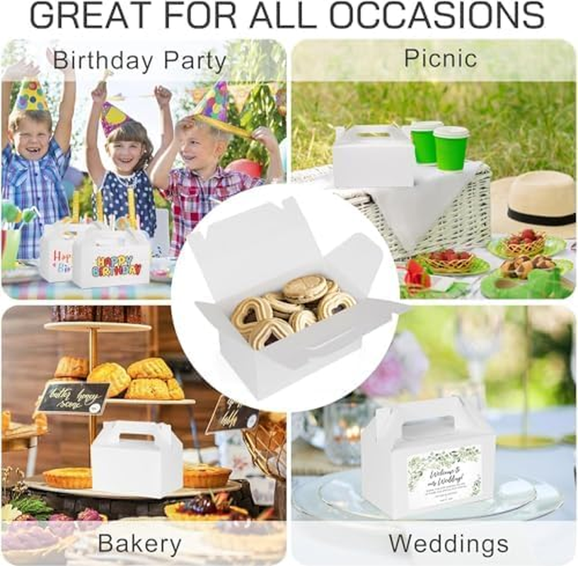 Party Favor Boxes, 50 Pack, 6 X 3.5 X 3.5 Inches Small Treat Boxes, Gable Boxes with Handles, White Treat Boxes, Goodie Boxes for Birthday Party, Wedding, Baby Shower image number 6