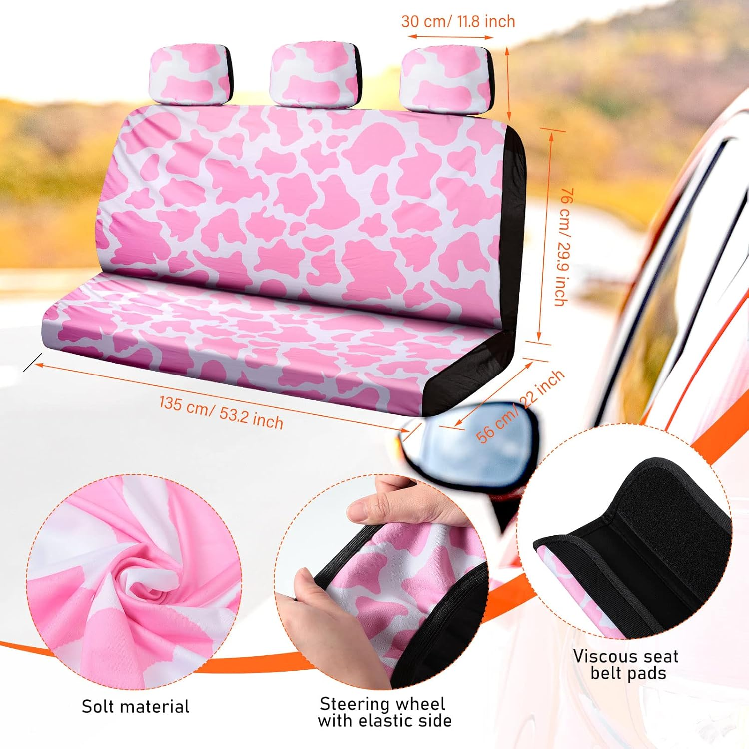 Frienda 26 Pcs Pink Cow Print Car Accessories - Cow Pattern Seat Covers Full Set, Cute Steering Wheel Cover, Floor Mats, Center Console Pad, Cup Holders, Seat Belt Pads for Women Car Interior Decor