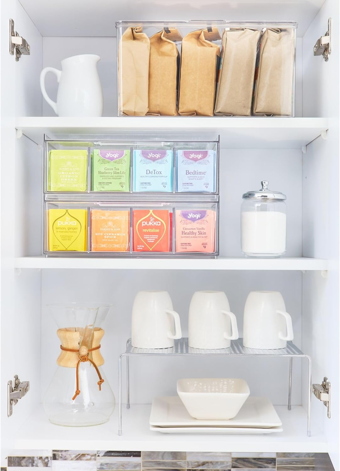 Idesign Crisp Bpa-Free Plastic Stackable Tea Bag Organizer for Kitchen Cabinets and Countertops - 12.59" X 6.23" X 4.57", Clear with Gray Dividers image number 1
