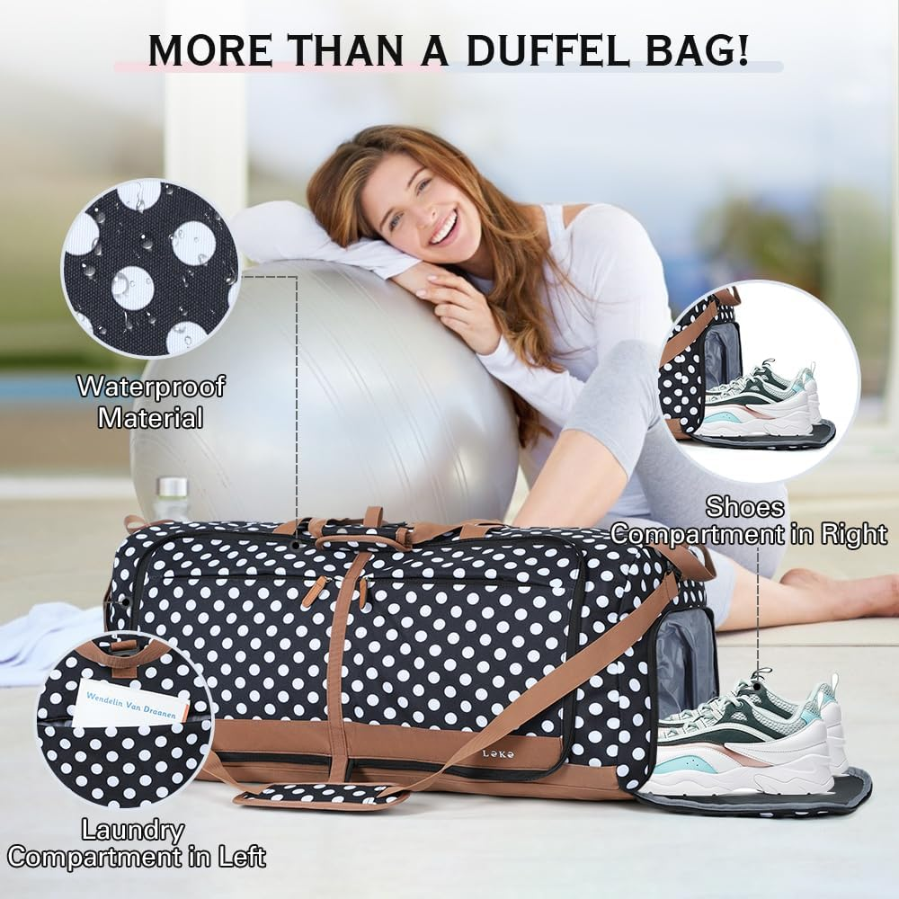 Lekesky Large Foldable Travel Duffe Bag - Waterproof Holdall Luggage Bag with Shoes Compartment, Weekend Overnight Sports Bag for Women and Men, White Dots, 80L, Travel Bag image number 4