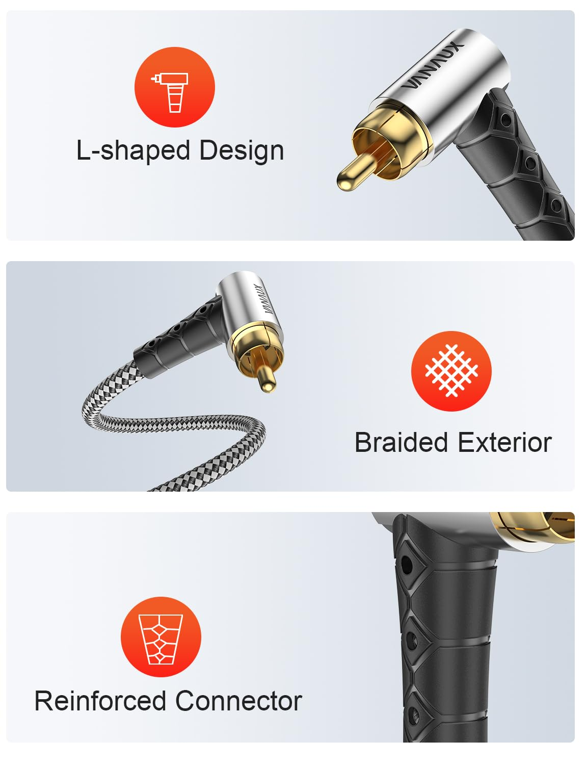 VANAUX 90 Degree Subwoofer Cable,Premium Audio RCA to RCA Cable,(Gold-Plated Connectors) Ideal for Tight Spaces,Home Theater,Sound Systems (90 Degree to 90 Degree, 10FT/3M) image number 3