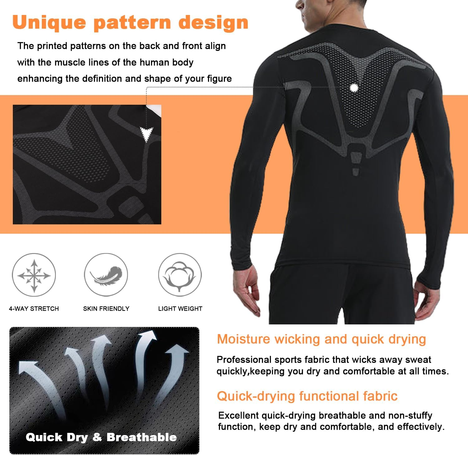 Men'S Compression Shirt Athletic Sports Long Sleeve Baselayer Quick-Drying Breathable Running Shirt for Fitness image number 7