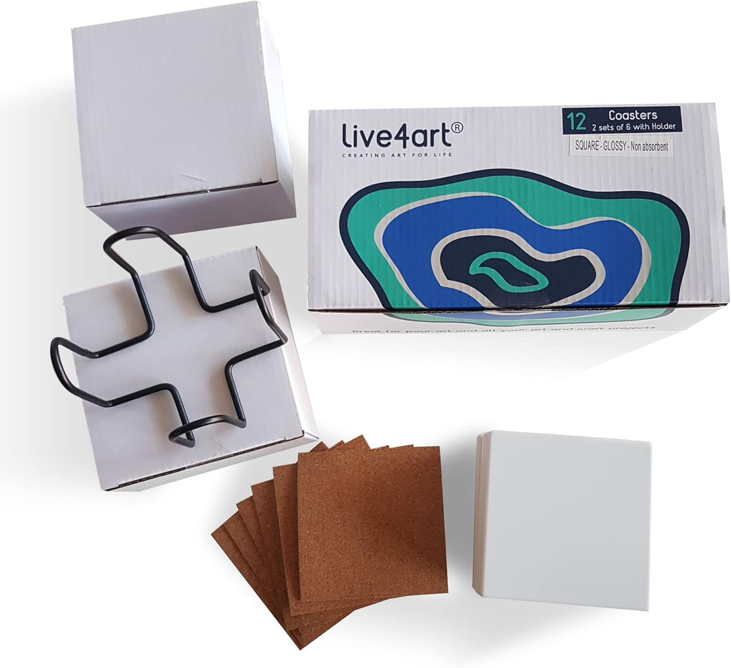 Ceramic Coaster Sets - 12 round 102Mm (4 Inch) MATT Absorbent Coasters - Stick-On Cork Backing Pads & 2 Metal Stands