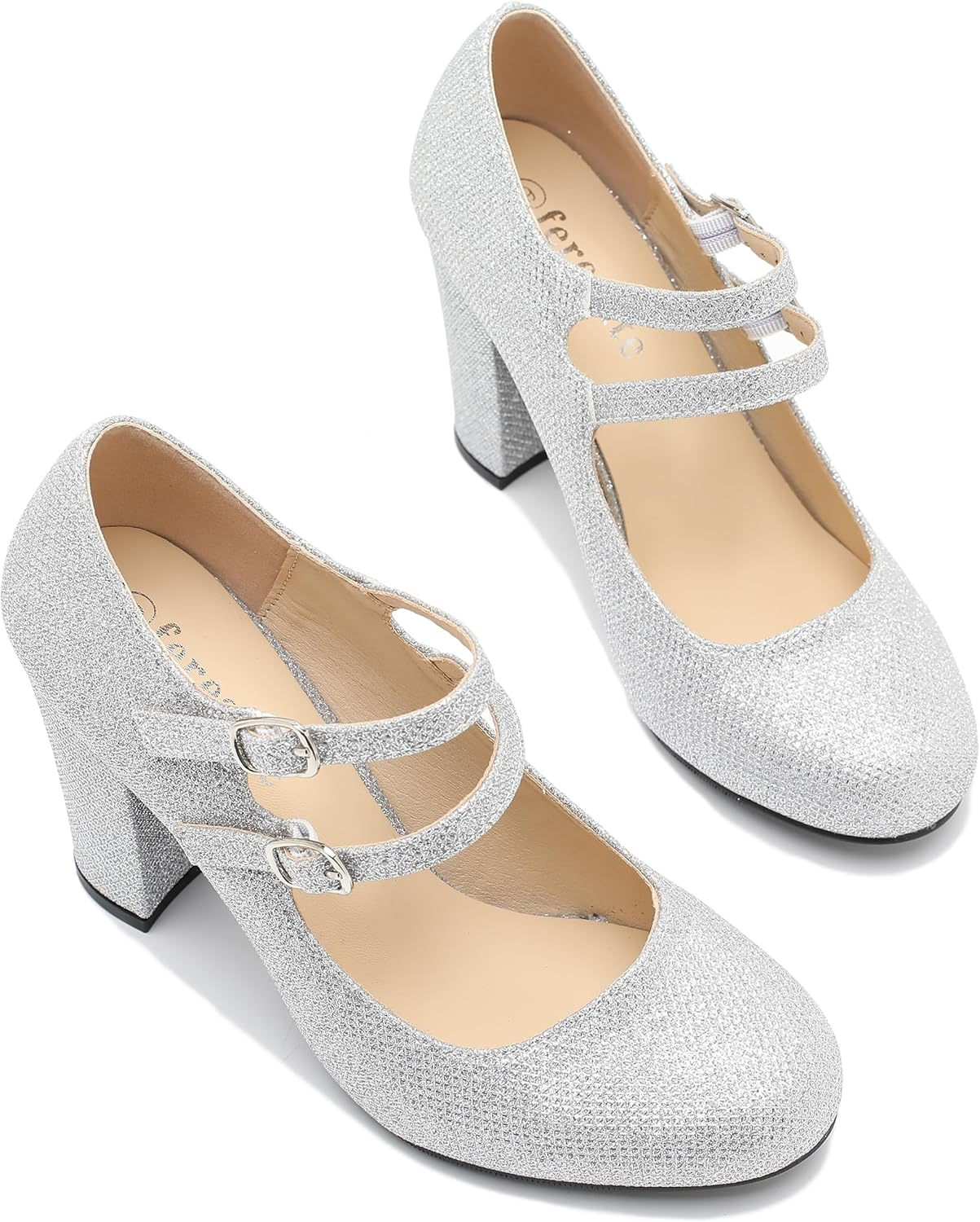 Women'S Mary Jane Dress Shoes Double Strap Closed round Toe Block High Heel Pumps image number 4