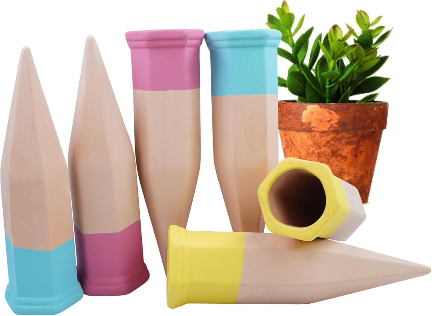 Joyeee Terracotta Watering Spikes, Self Watering Spikes, Automatic Plant Waterers for Vacations, Wine Bottle Plant Watering Spikes, Great for Indoor & Outdoor Plants (6 Pack) image number 1