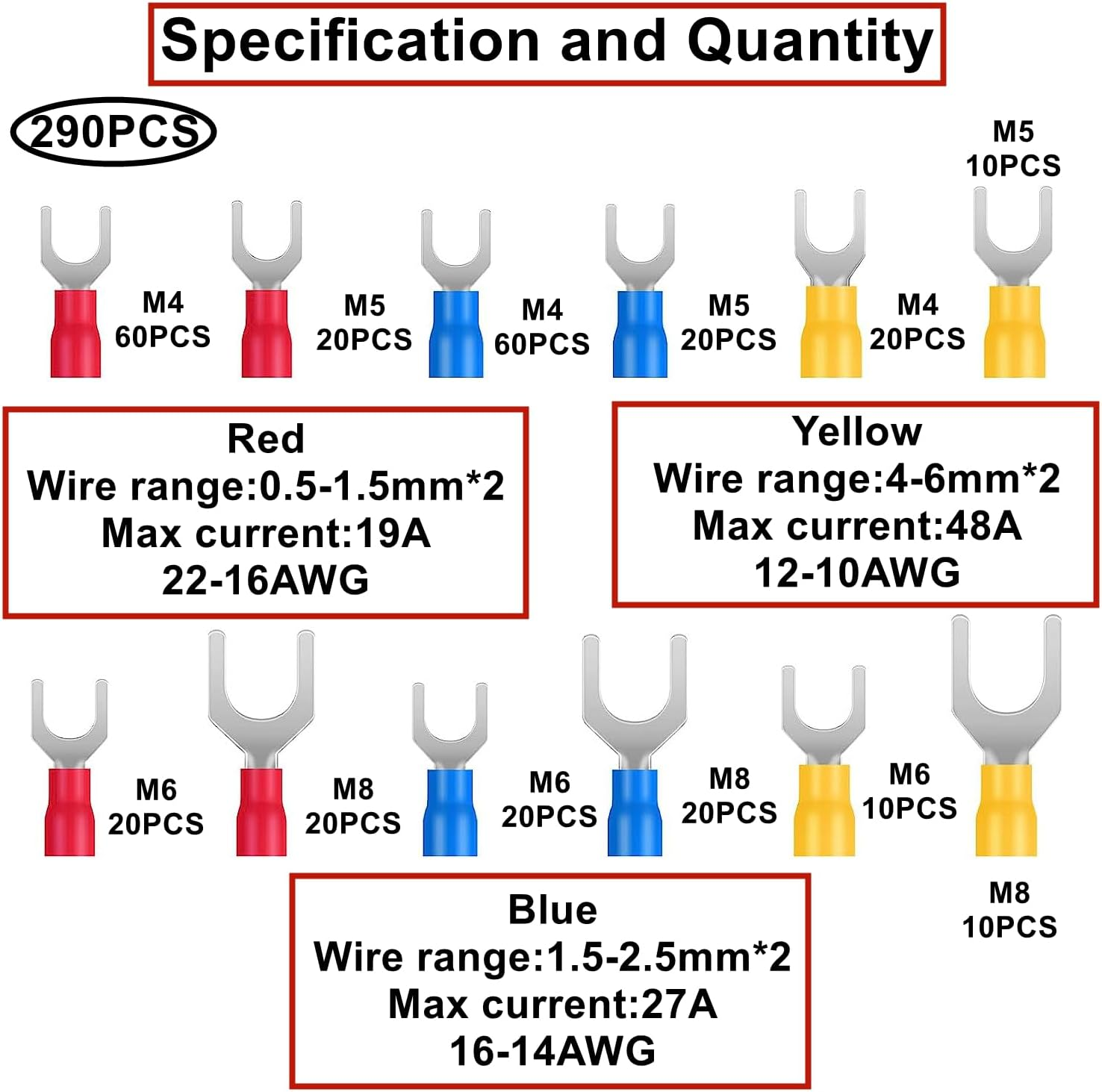 HUAZIZ 290 Pieces Fork Spade Cable Lugs Set, Crimp Connector Set, Insulated Electrical Connector Clamp image number 5