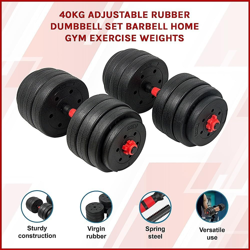 40Kg Adjustable Rubber Dumbbell Set Barbell Home GYM Exercise Weights image number 2