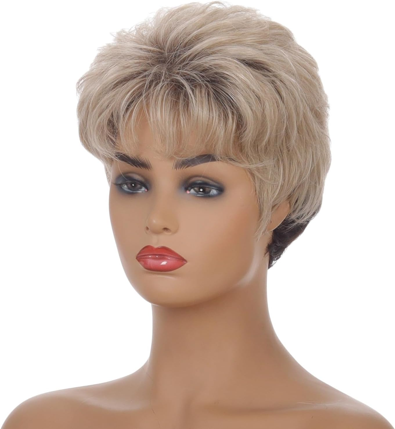 AUBWIG Short Black Ombre Blonde Light Curly Hair Women'S Wig with Fringe Wig Natural Fluffy Synthetic Hair Wig Tiered Heat Resistant Wigs (Black Ombre Blonde) image number 1