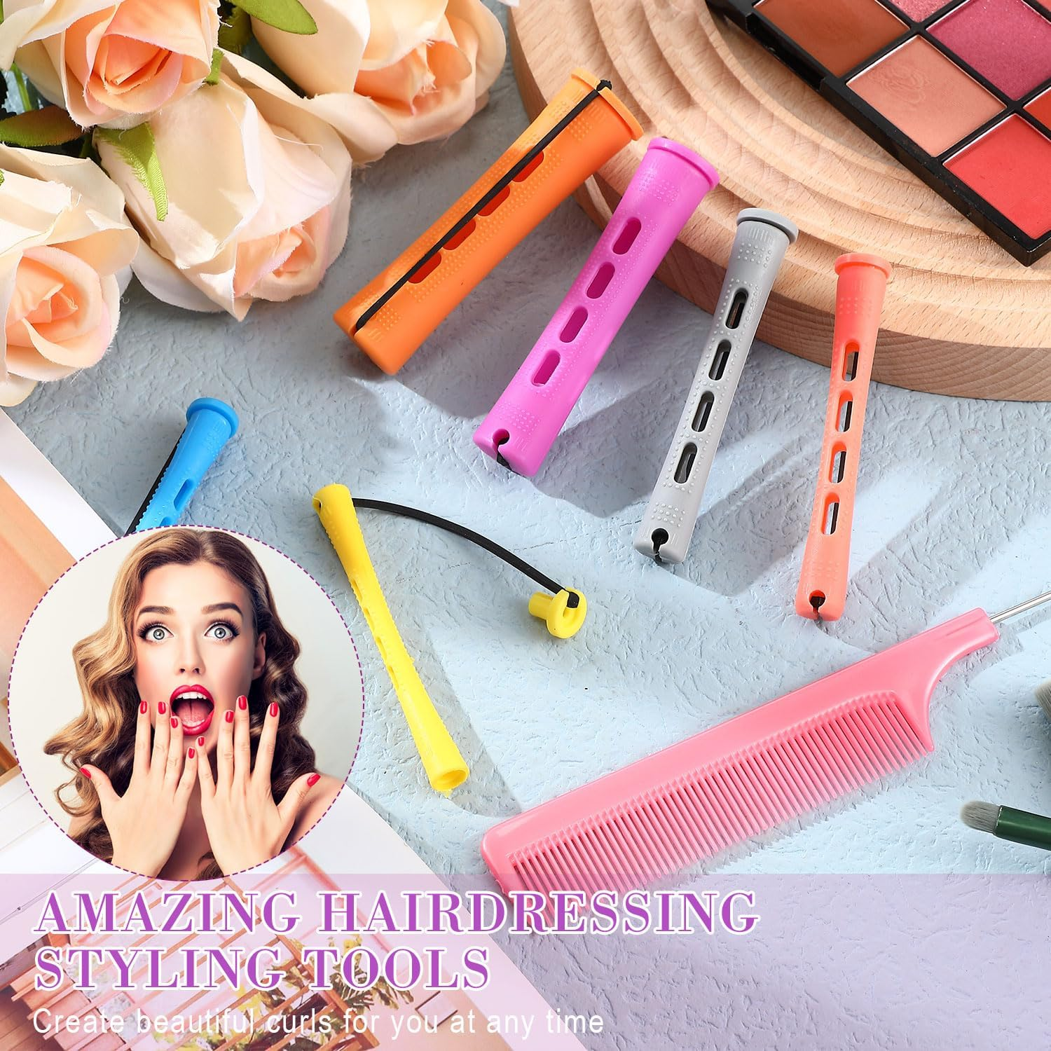 WILLBOND 72 Pcs Hair Perm Rods Kit Short Plastic Perming Rods Set Cold Wave Rods 6 Sizes Hair Curling Rollers Hairdressing Tools with Steel Tail Pintail Comb for Hair Styling (6 Colors, 3.27 In) image number 4