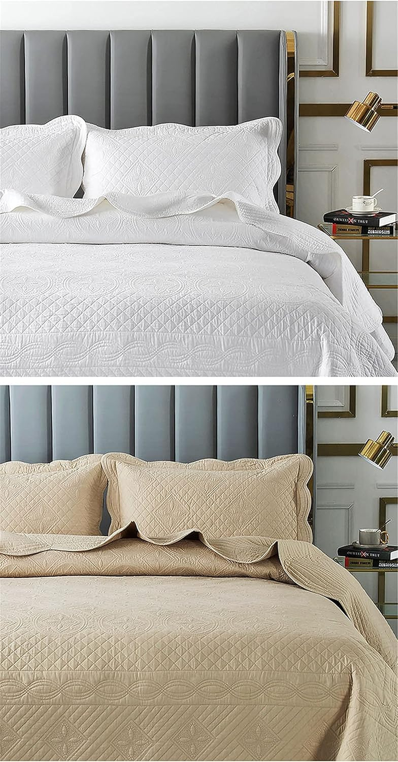 Quilt Set Bedding Set Cotton Handmade All Season Quilt Bnket Sheets Super King Bed Cover 243X270Cm with 2 Pillowcase,White,224 * 234Cm(Khaki,270 * 234Cm) image number 1