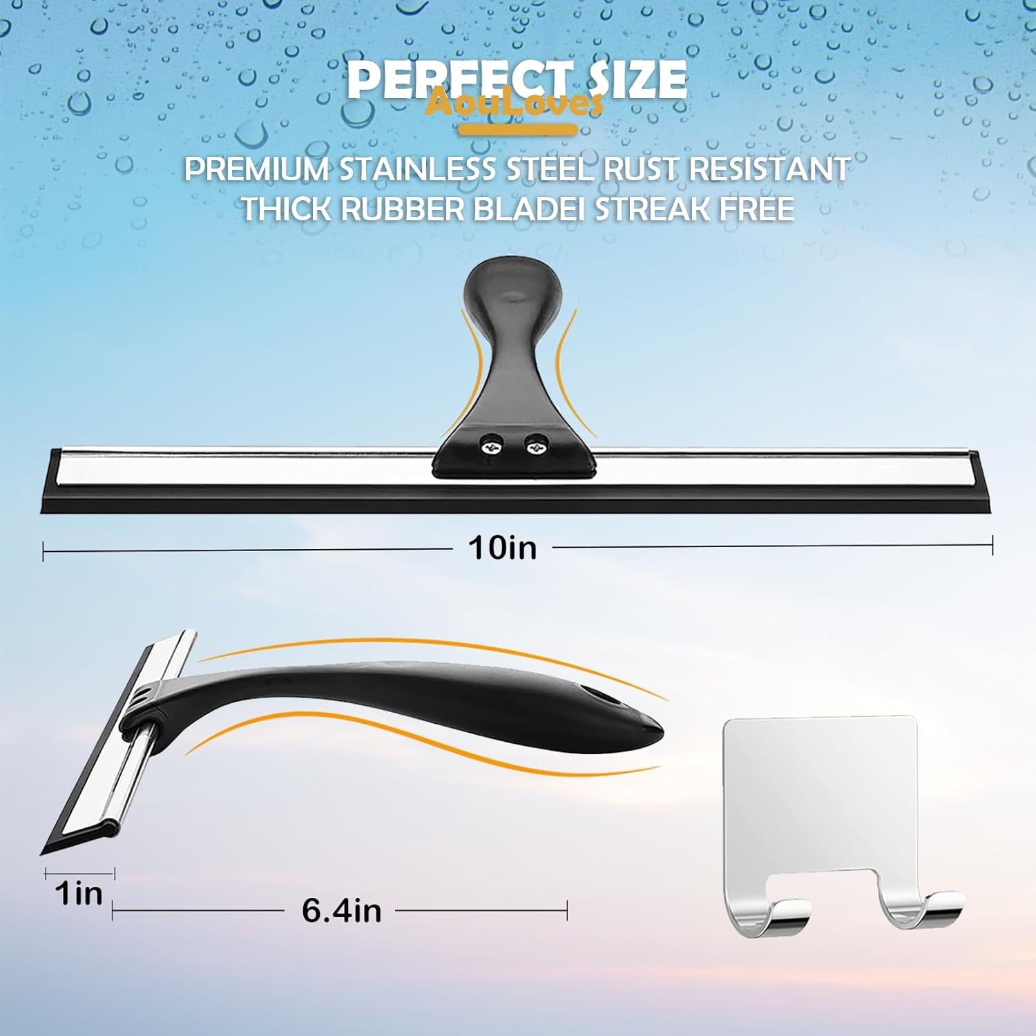 Aouloves Shower Squeegee for Bathroom Glass Doors,Rubber Window Cleaner Squeegee,All-Purpose with Hook Doors, Windows, Mirrors,Tiles and Car Glass, 10 Inches (10-Inch, Black) 10In - White image number 6