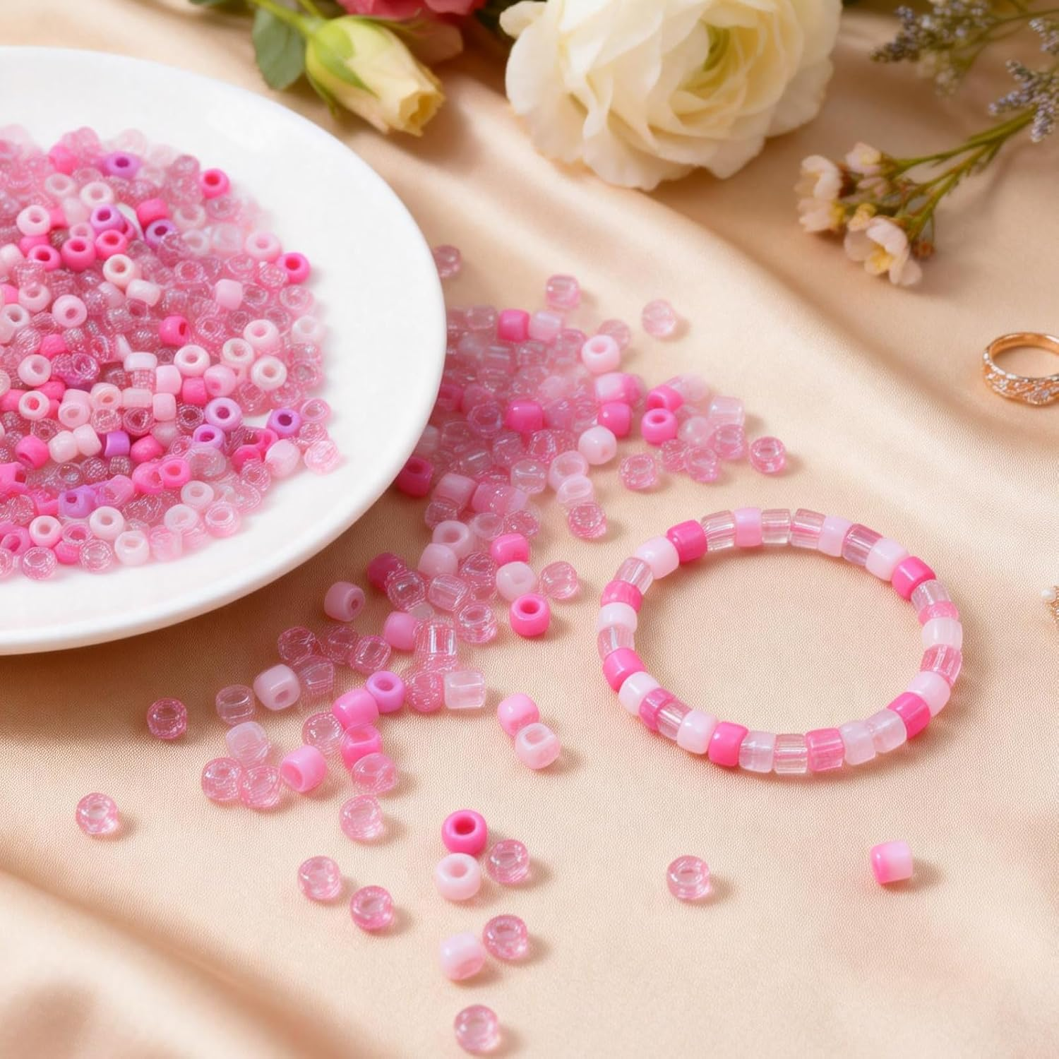 1200 Pcs Winter Pony Beads Pink Pony Bead Colorful Glitter Beads for Jewelry Making Winter Party Decoration Bracelets Necklace Earrings Hair DIY Crafts (Pink)