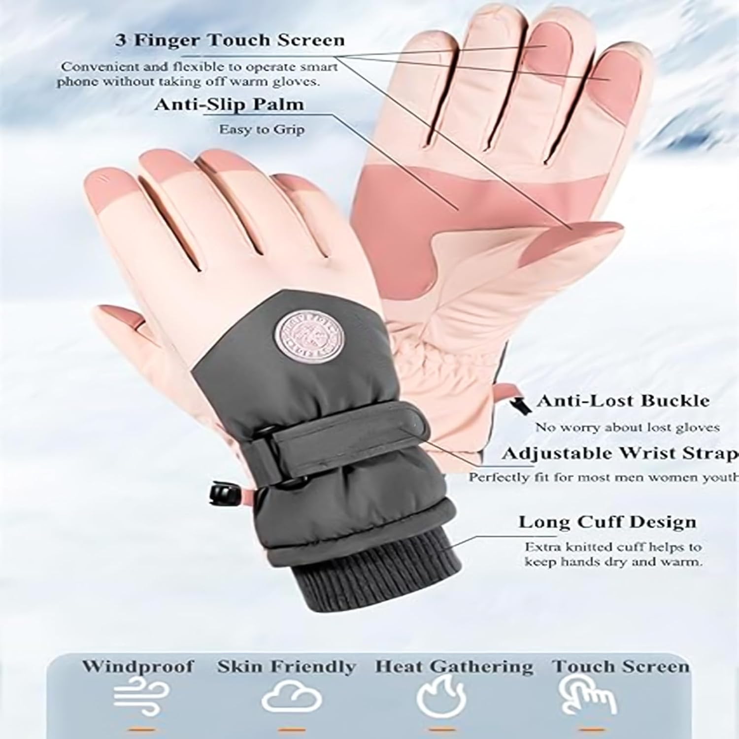 Ski & Snow Gloves, Waterproof Touchscreen Cold-Weather Gloves with Thermal Insulation for Skiing, Snowboarding, Cycling, Hiking - Unisex Windproof Hand Warming