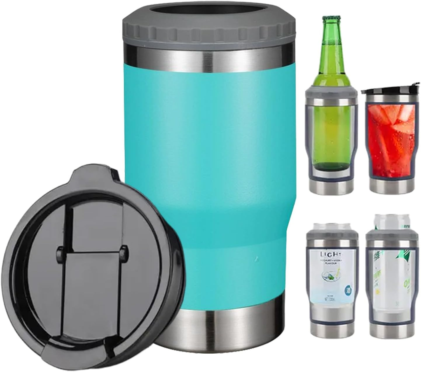 4 in 1 Travel Mug and Can Insulator for 12 Oz Can and Beer Bottle. Stainless Steel Vacuum Insulated Cup and Thermocooler. (Red)