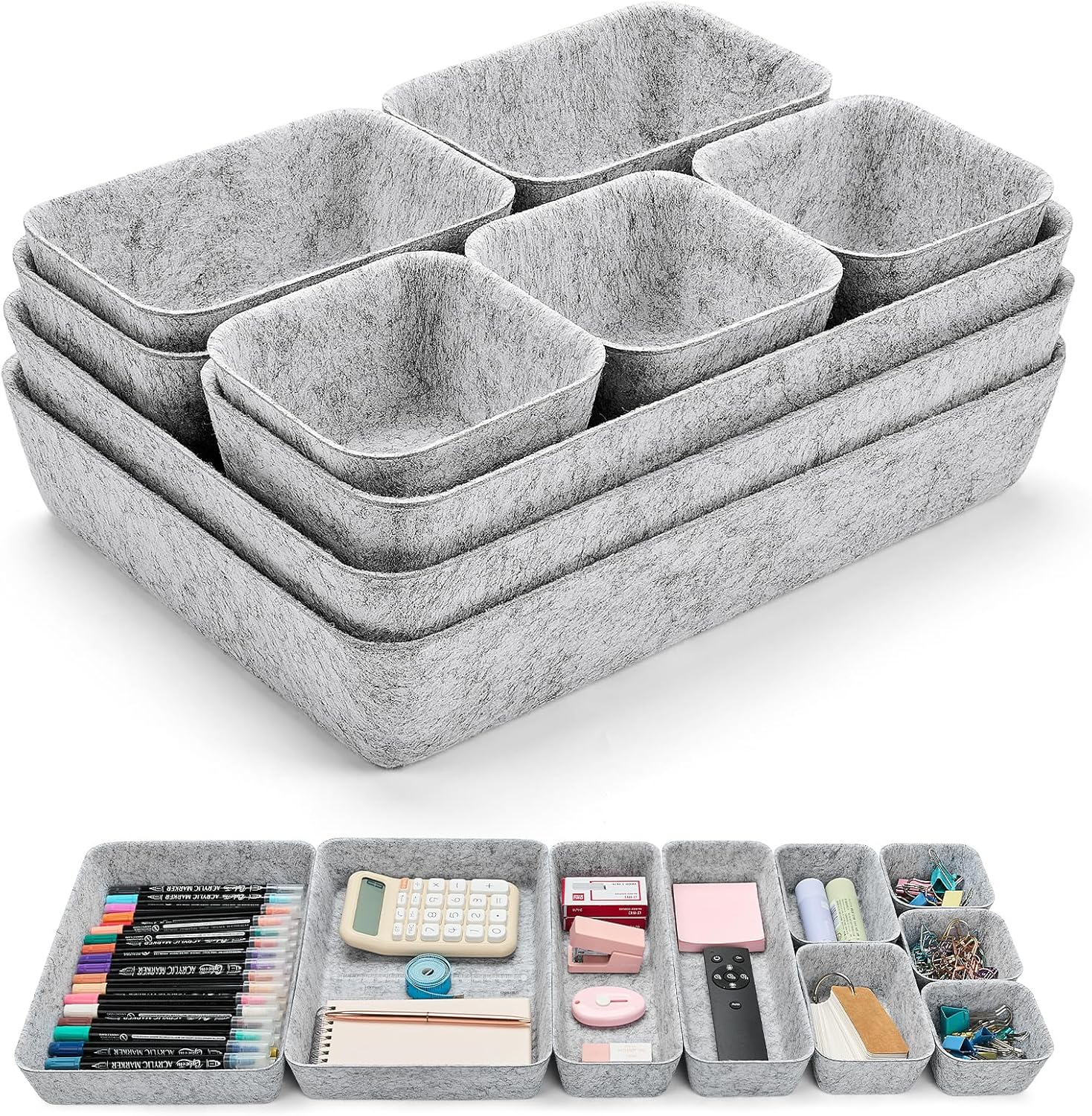 Eurhomewit Pack of 9 Felt Drawer Organiser, Drawer Insert, Office Drawer Organiser System, Dressing Table Organiser for Drawer, Office & Home Cupboard Storage Box Organiser, Dark Grey
