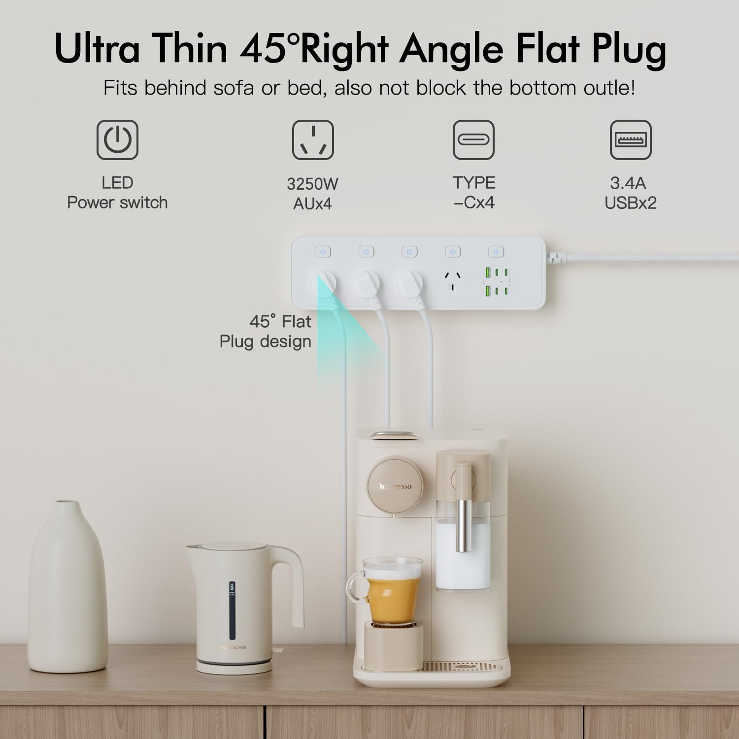 Power Board USB C, Surge Protector Power Strip with 4 AC Outlets, 4 Type C Ports and 2 USB Ports, 2M Extension Cord, Independent Switches,13A/3250W Power Board for Home Office