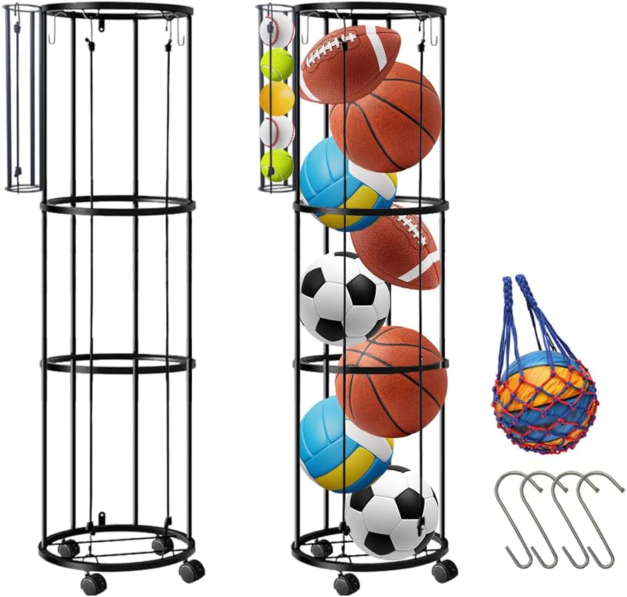 Ball Storage Rack with 4 Hooks&Wheels,150*30Cm 3 Layers Garage Ball Storage with Small Balls Basket,Ball Holder with 1 Ball Net & 2 Inflation Needles for Basketball,Soccer,Baseball&Accessorries image number 2