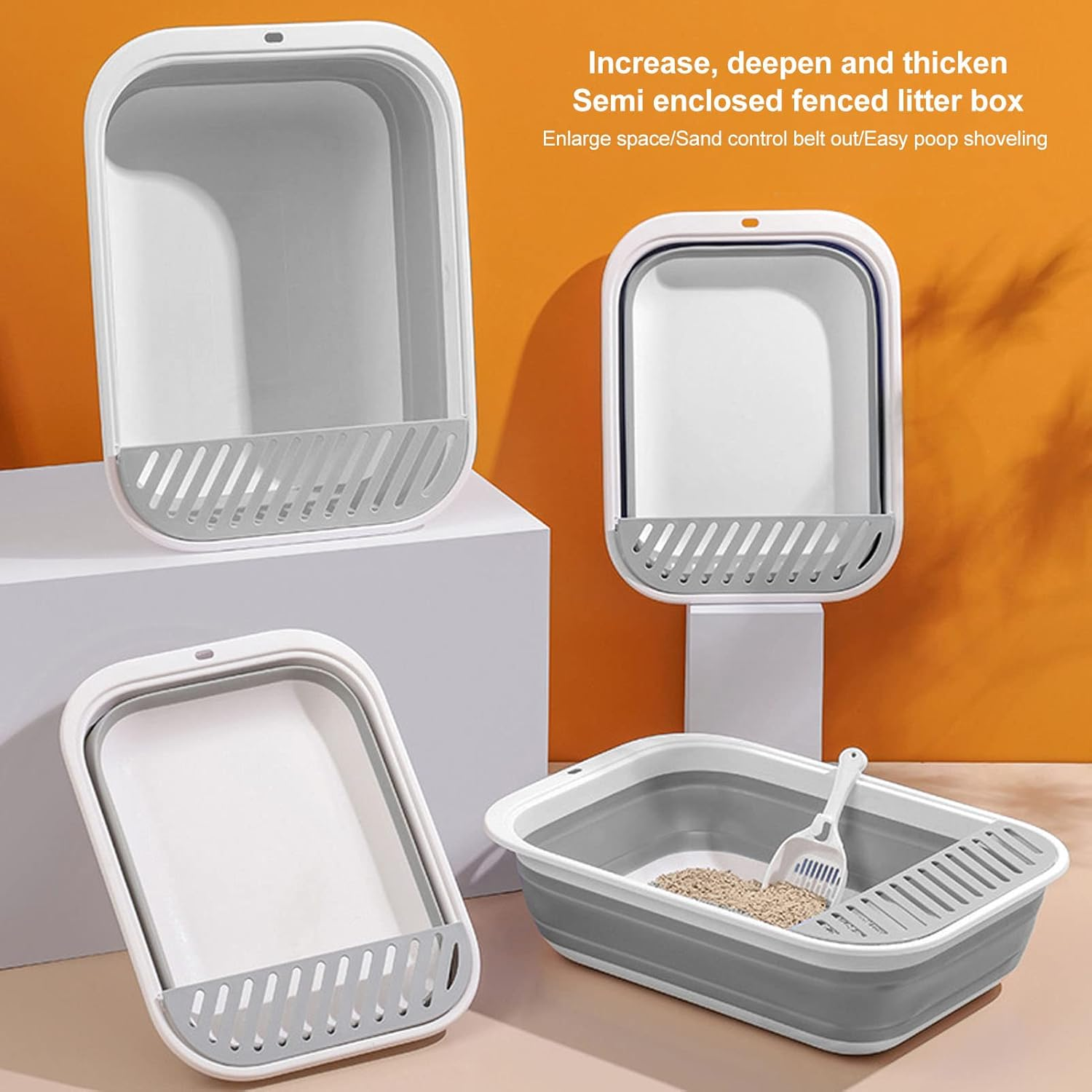 Cat Litter Box, Semi Enclosed Easy Cleaning Splash Proof Foldable Kitten Toilet, Waterproof Cat Travel Litterbox Cats Litter Pan with Litter Sifting Scoop for Indoor Cats Kittens Small Pets(Grey) - Pink image number 3