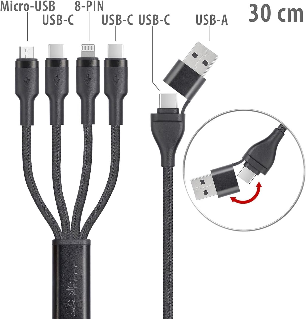Callstel 8In1 Charging Cable: 8In1 Charge/Data Cable USB-C/A to Usb-C/Micro Usb/Lightning 60W, 30 Cm (Android Charging Cable, Charging Cable Iphone and Samsung, Hub)