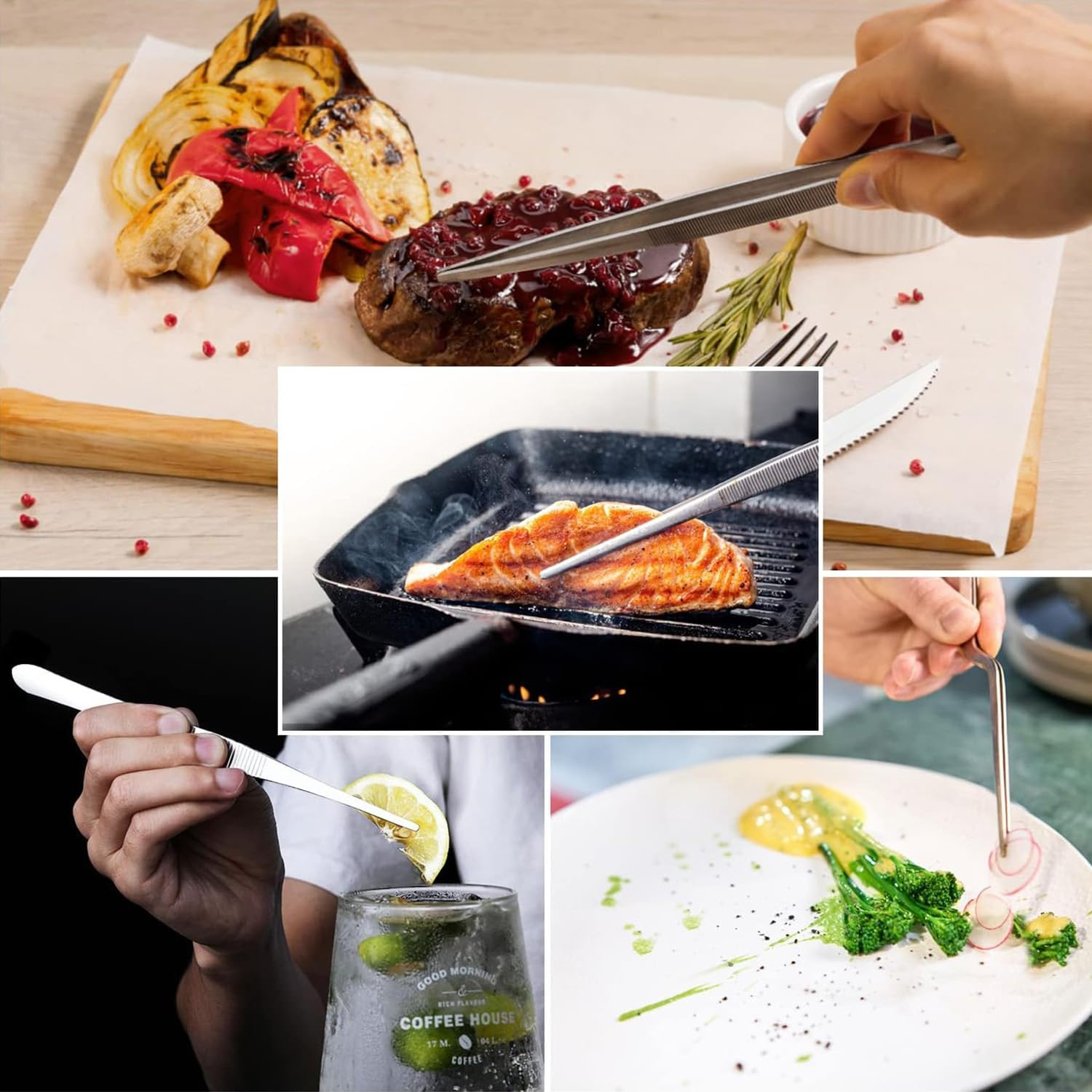 Wzenclave 6-Piece Stainless Steel Fine Tipped Needle-Nose Pliers Cooking (12" & 6.3") Cooking Tweezer Tongs Set Professional Chef-Grade Kitchen Tweezers image number 5