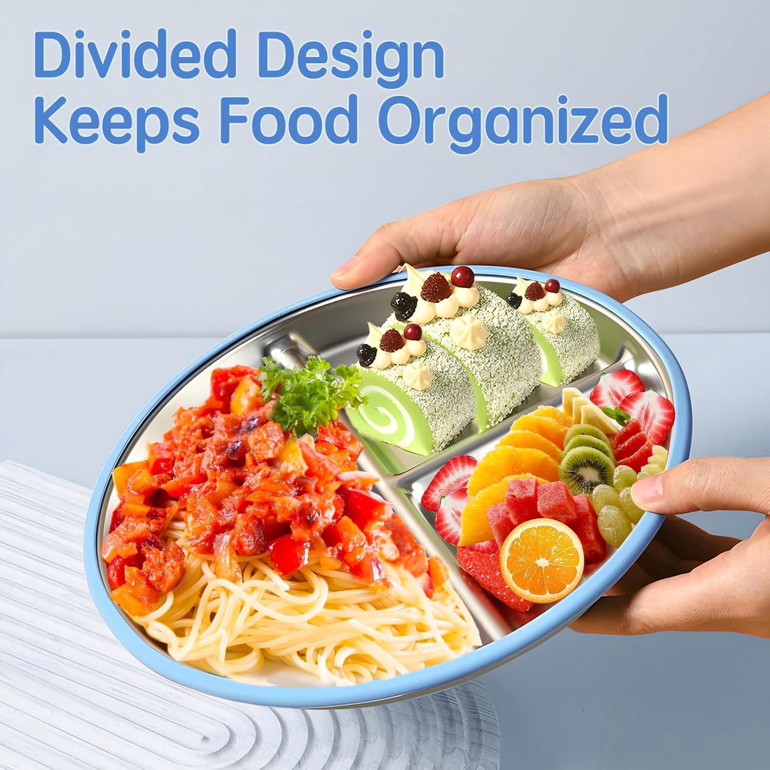 ZCOINS 2 Pack 9" Stainless Steel Plates with Suction, Divided Suction Stainless Steel Plates with Removable Silicone Base, 3 Compartments, Non-Slip Metal Dinner Dishes with Dividers image number 5