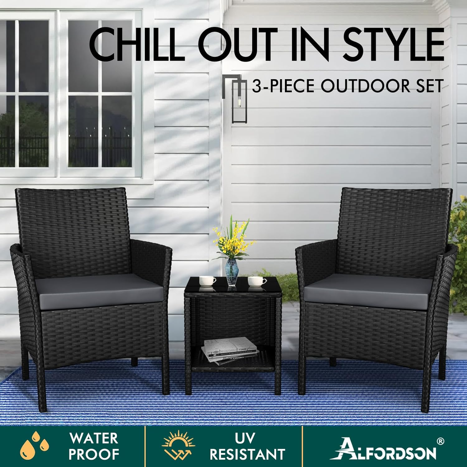 ALFORDSON Outdoor Patio Furniture 3Pcs Conversation Set, Wicker 3 Pieces Lounge Chair & Glass Coffee Table Setting, Steel Frame Garden Rattan Sofa with Cushions, Black