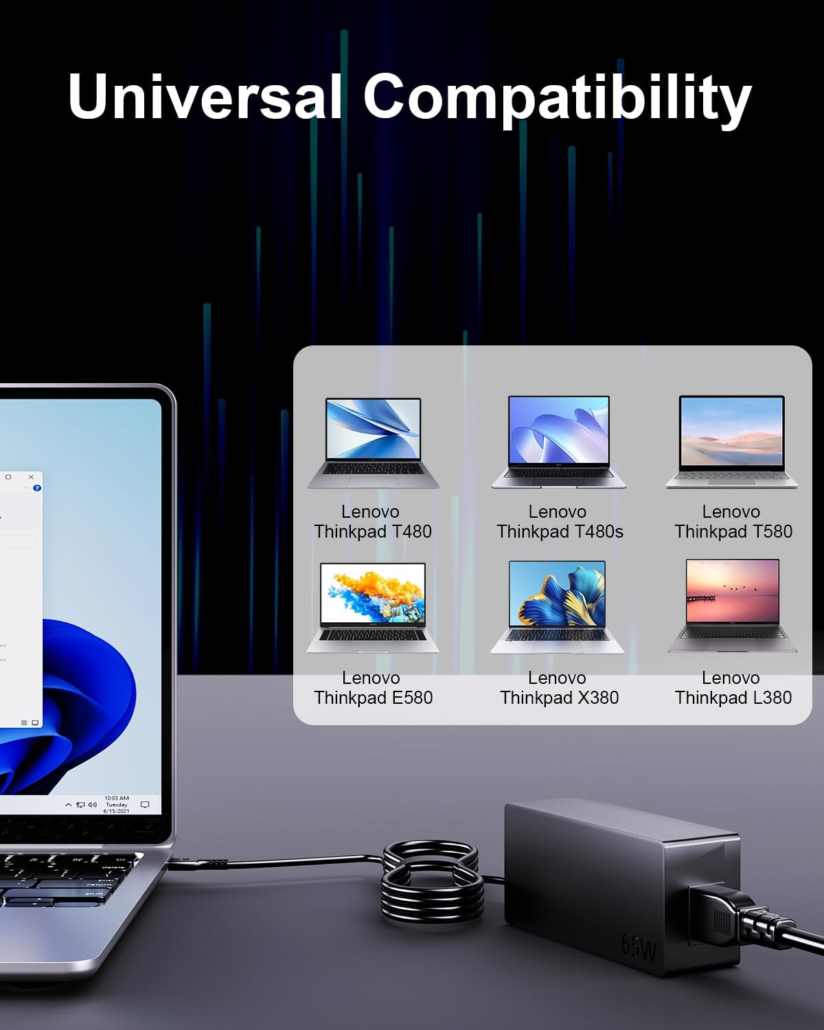 65W USB C Laptop Charger,Replacement for Lenovo Thinkpad T14 T15 T480 T480S T490 T490S T580 T590,Chromebook 300E 500E Yoga C930 image number 2