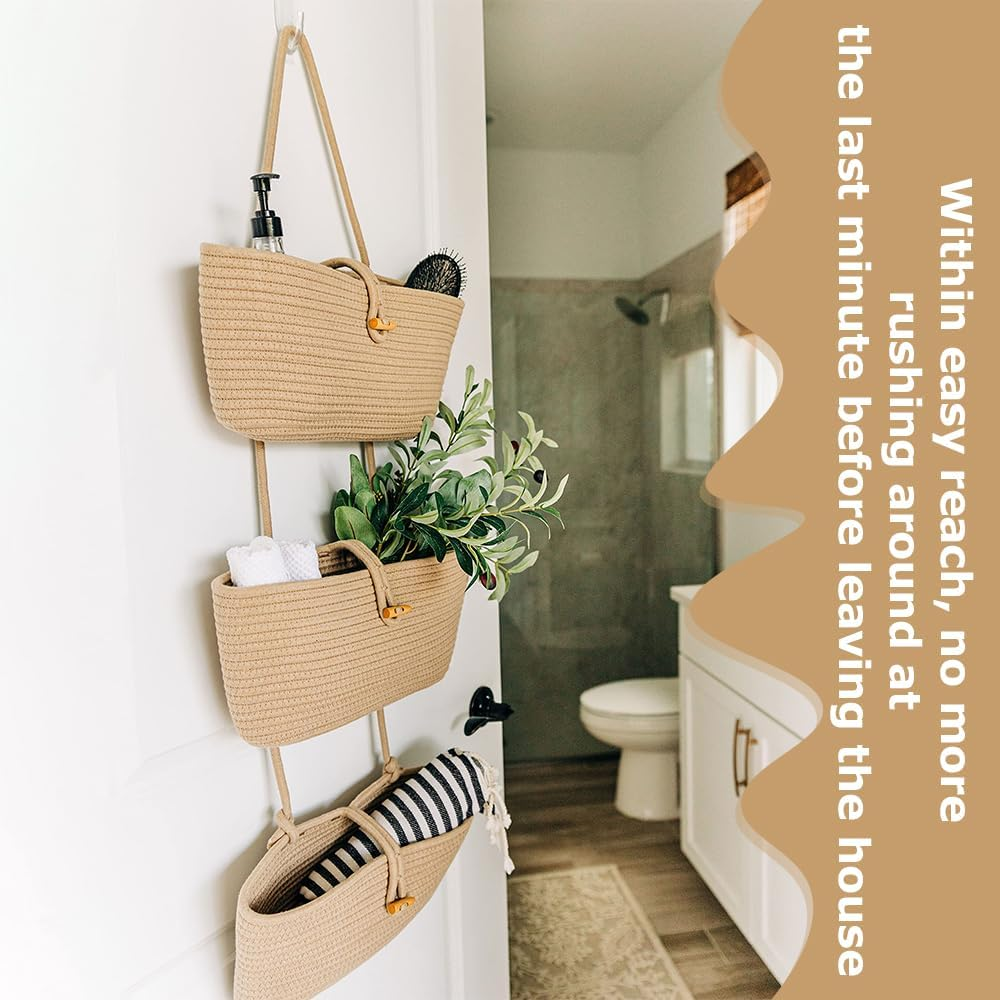 3 Tier Hanging Wall Basket with Hook/Cotton Basket,Door Hanging Basket Organizer & behind Door Wall Storage,Boho Nursery Decor for Living Room, Bathroom image number 5