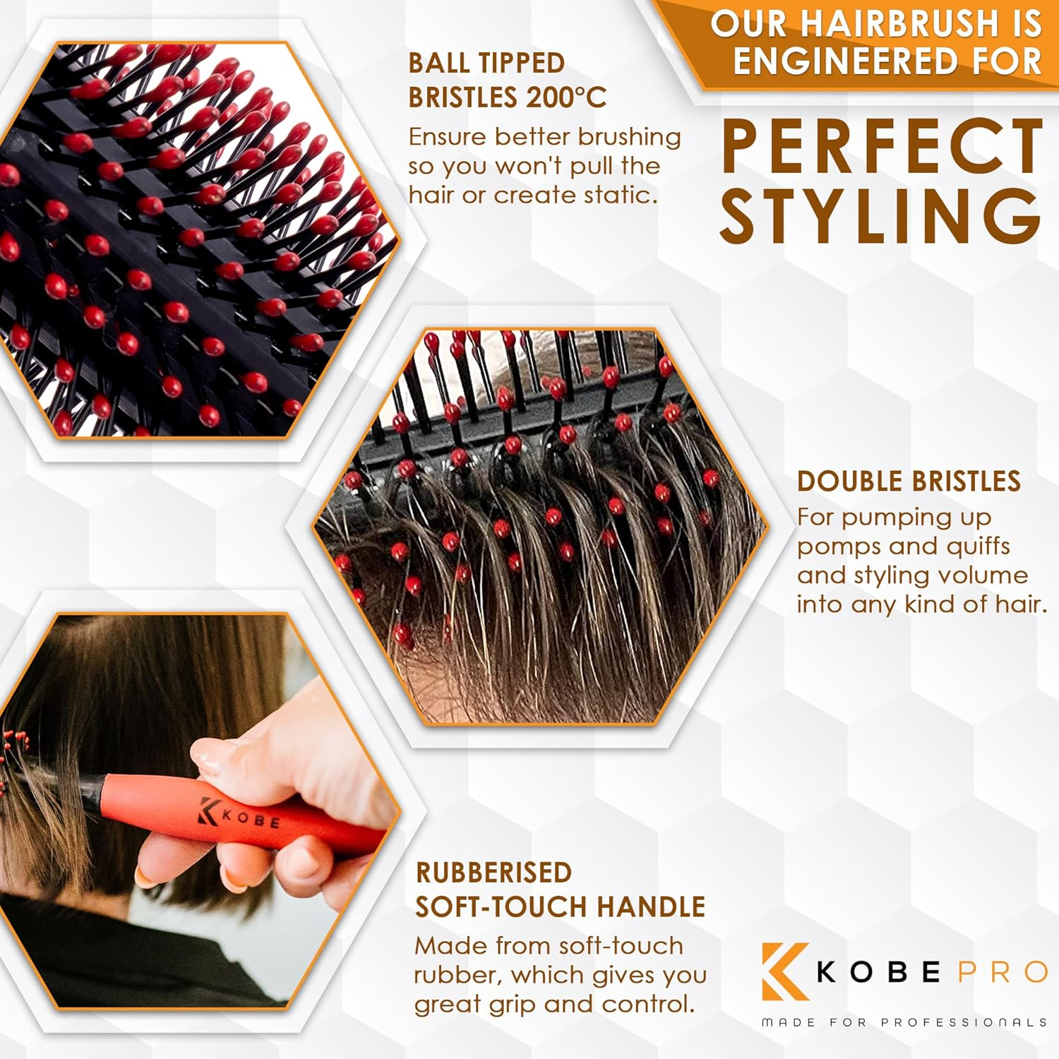 Kobe Professional Quiff Roller Small round Hair Brush with Red Rubber Grip Handle - Slick Back, Curly, Ideal round Hair Brush for Men and Barbers image number 4