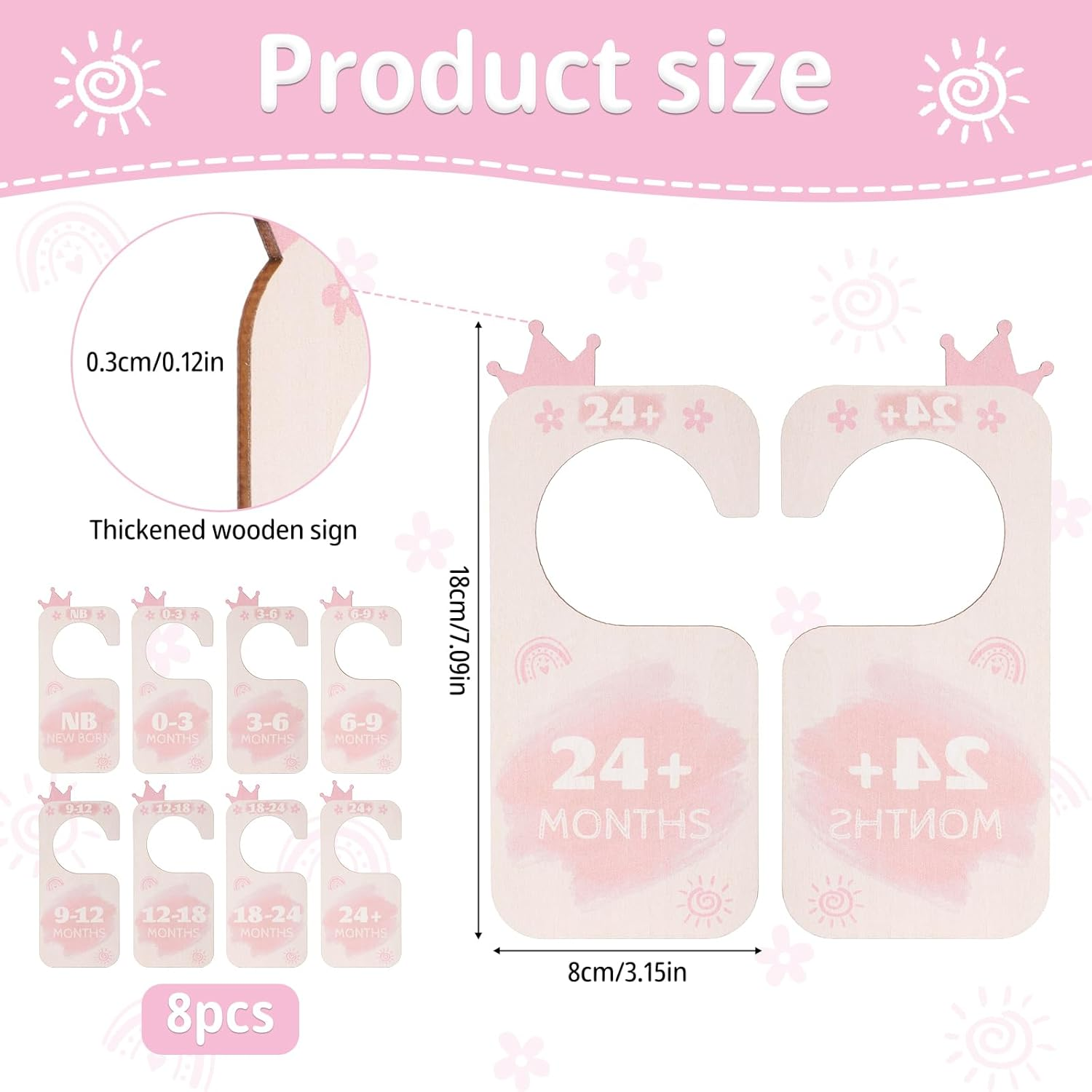 8Pcs Baby Closet Dividers, Basswood Baby Wardrobe Organizer Double-Side Baby Hanger Dividers by Clothing Sizes Baby Nursery Hanger Dividers for New Mom Dad Parents (Crown) image number 3