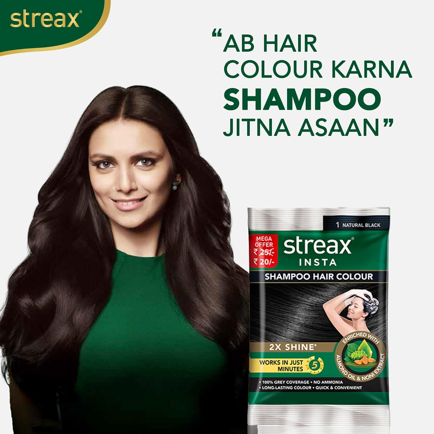Streax Insta Shampoo Hair Colour for Men & Women | Enriched with Almond Oil & Noni Extracts | Long-Lasting Instant Colour | Natural Black, 15 Ml (Pack of 16)