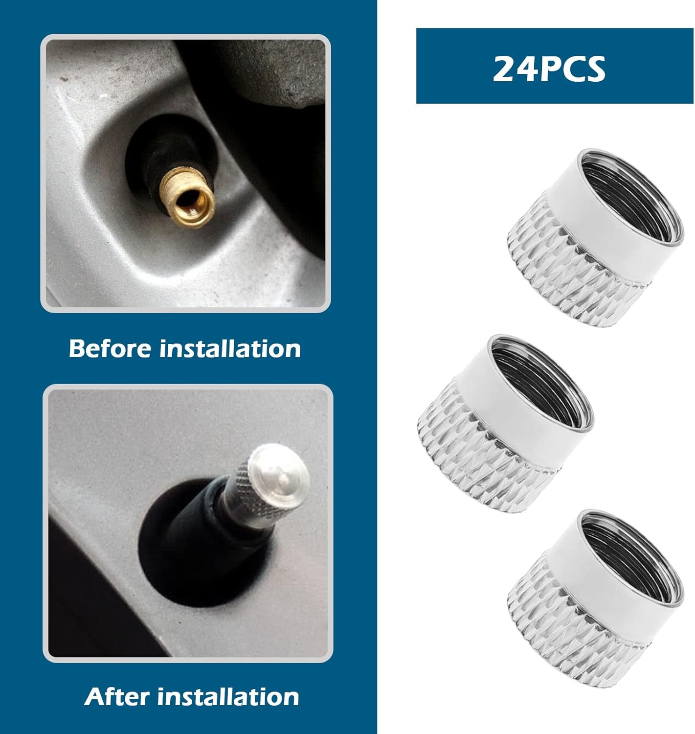 Emagtech 24PCS Tyre Valve Stem Caps Metal Car Tire Valve Lever Covers Tyre Dust Caps for Most Car Truck Motorbike Bicycle Scooter 8Mm Inner Diameter Silver image number 3