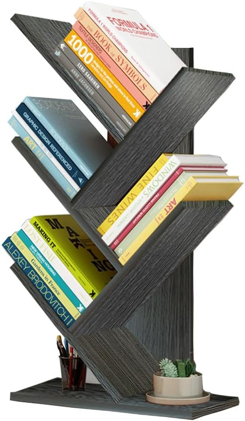 SHENMAIDAY 5 Layer Small Tree Shape Bookshelf, Book Storage Organizer, Desktop Book Display Rack for Books Magazines CD Freestanding Vintage Wooden Storage Rack for Home Office Bedroom (Black)