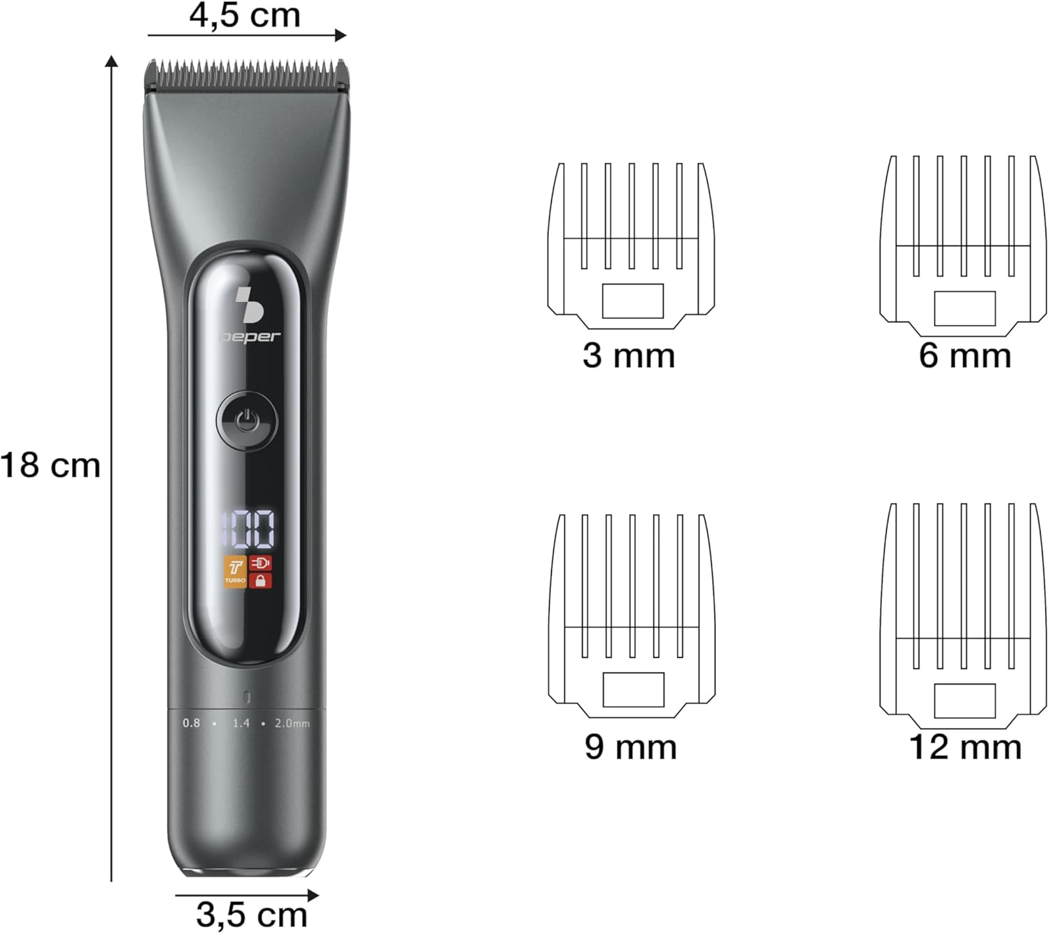 BEPER P304CAP010 Professional Men'S Hair Clipper, Titanium and Ceramic Blades, LED Display, 4 Adjustable Combs, 2 Speeds, Autonomy 3 Hours, USB-C Charging, Wired