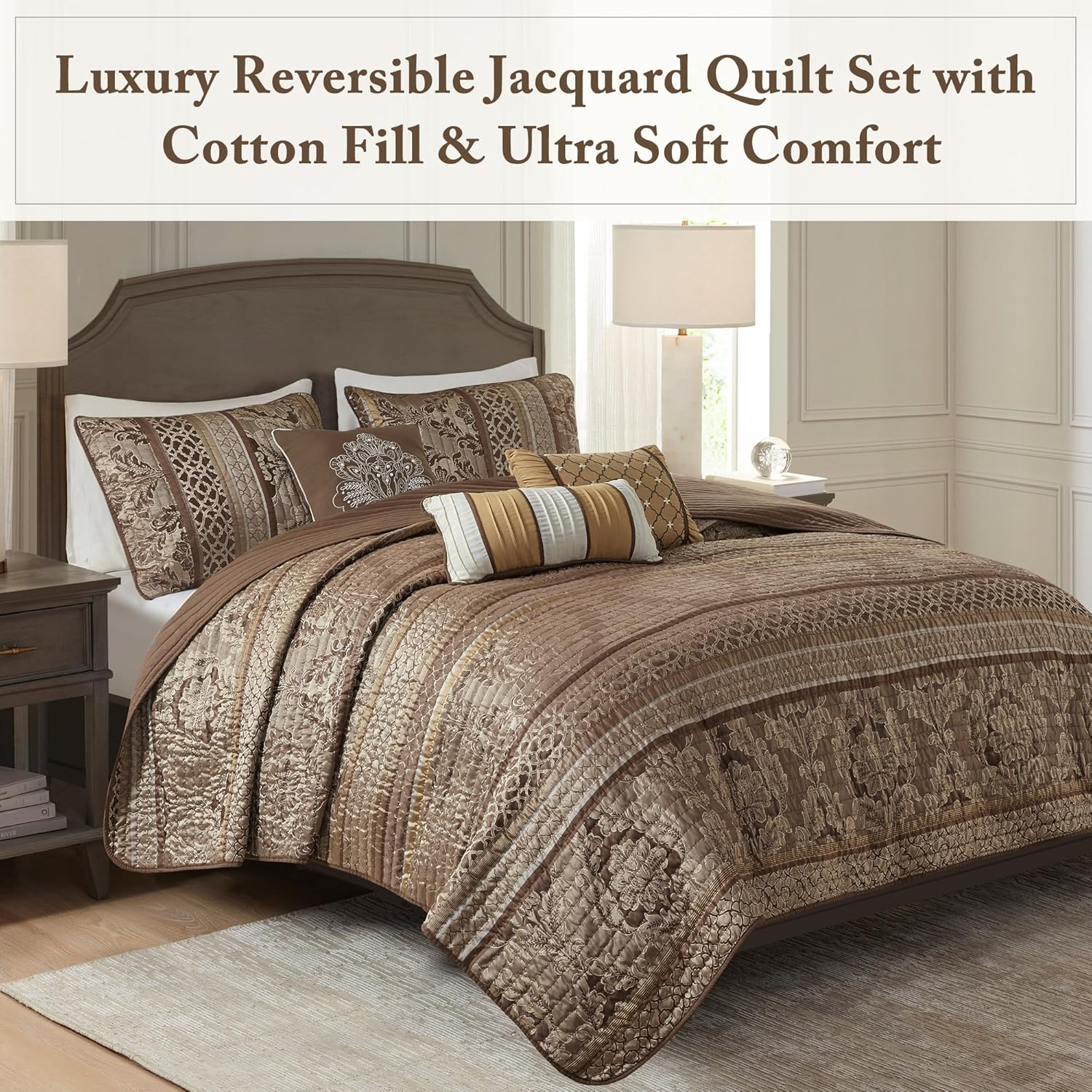 Madison Park Bellagio 6 Piece Quilted Coverlet Set, Full/Queen, Brown/Gold - Full/Queen image number 2