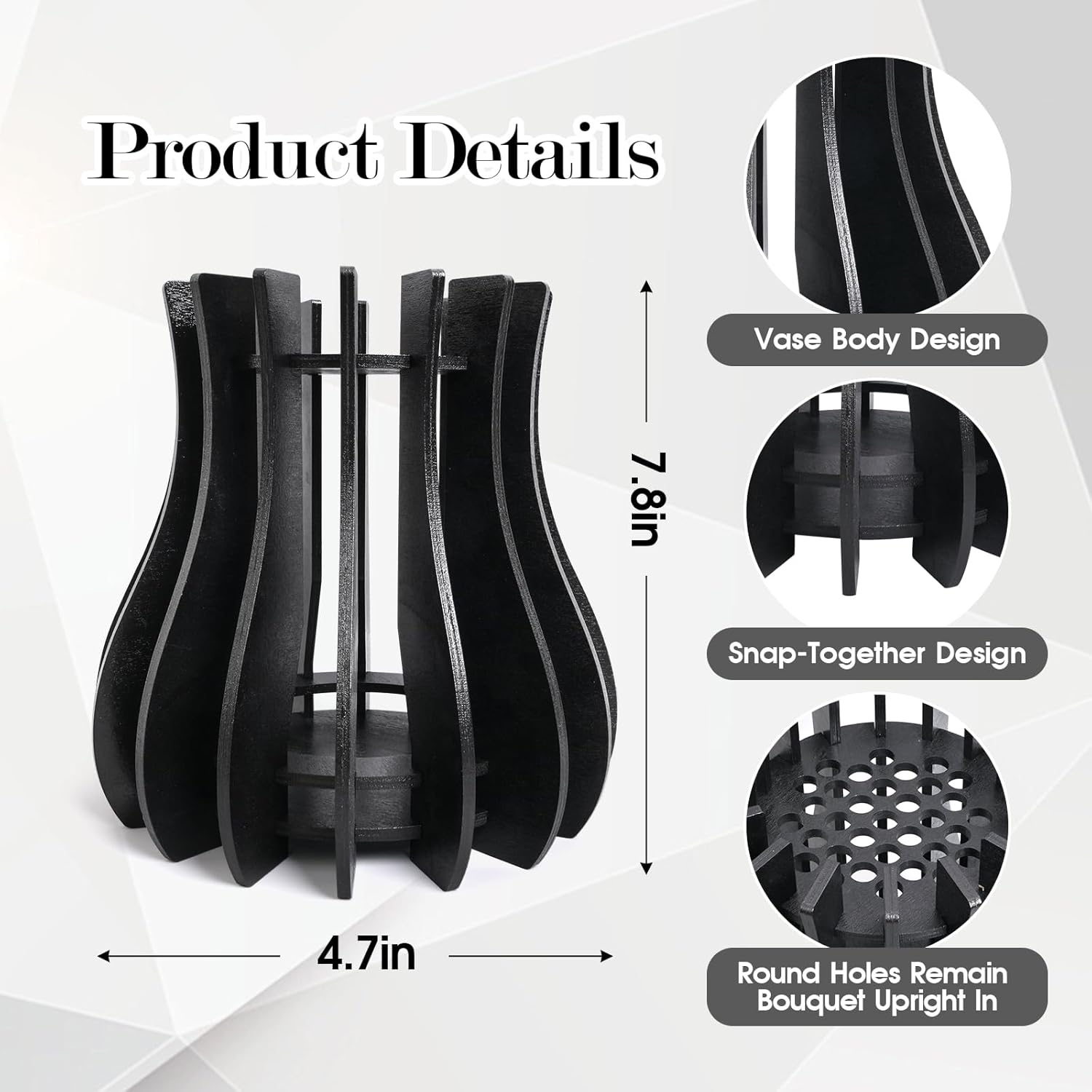 Wooden Vase Kit for  Roses Cherry Blossom Sunflower Tulips Daffodils Lotus Cute Flower Vase for  Bouquet Arrangement Home Decoration for Women Adults(Black)