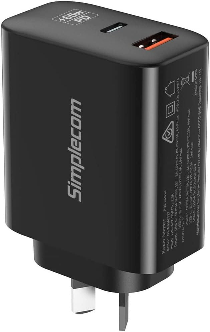 Simplecom CU265 Dual Port PD 65W Gan Fast Wall Charger USB-C + USB-A for Phone Laptop image number 1