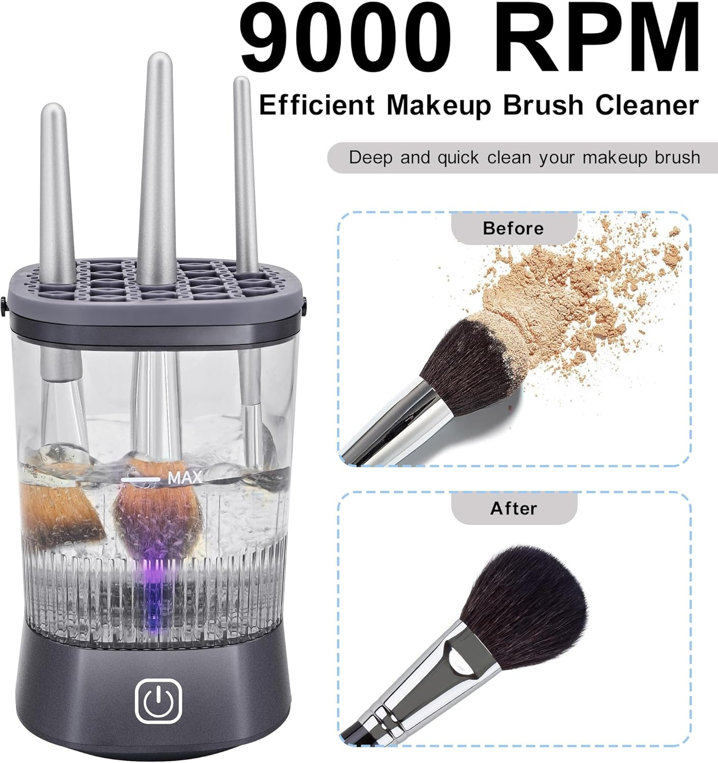 YOKONICO Makeup Brush Cleaner - 9000 RPM Electric Brush Cleaning Machine with 1200 Mah Rechargeable, IP65 Waterproof Automatic Makeup Brush Cleaner for Makeup Sponges and Brushes (Gunmetal Grey) image number 4