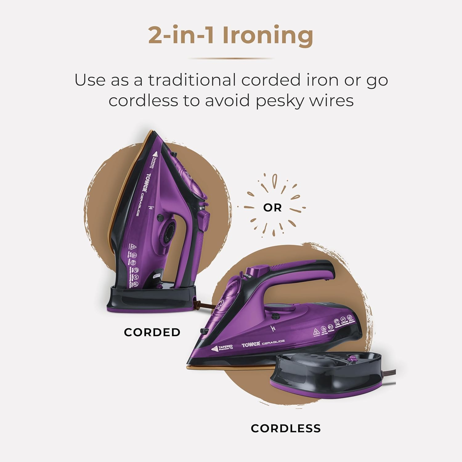 Tower T22008 Ceraglide 2-In-1 Cord or Cordless Steam Iron with Non-Stick Ceramic Soleplate, 160G Steam Boost, anti Drip, anti Scale, anti Calc and Self Cleaning Functions, 2400 W, Purple - Black, Purple image number 6