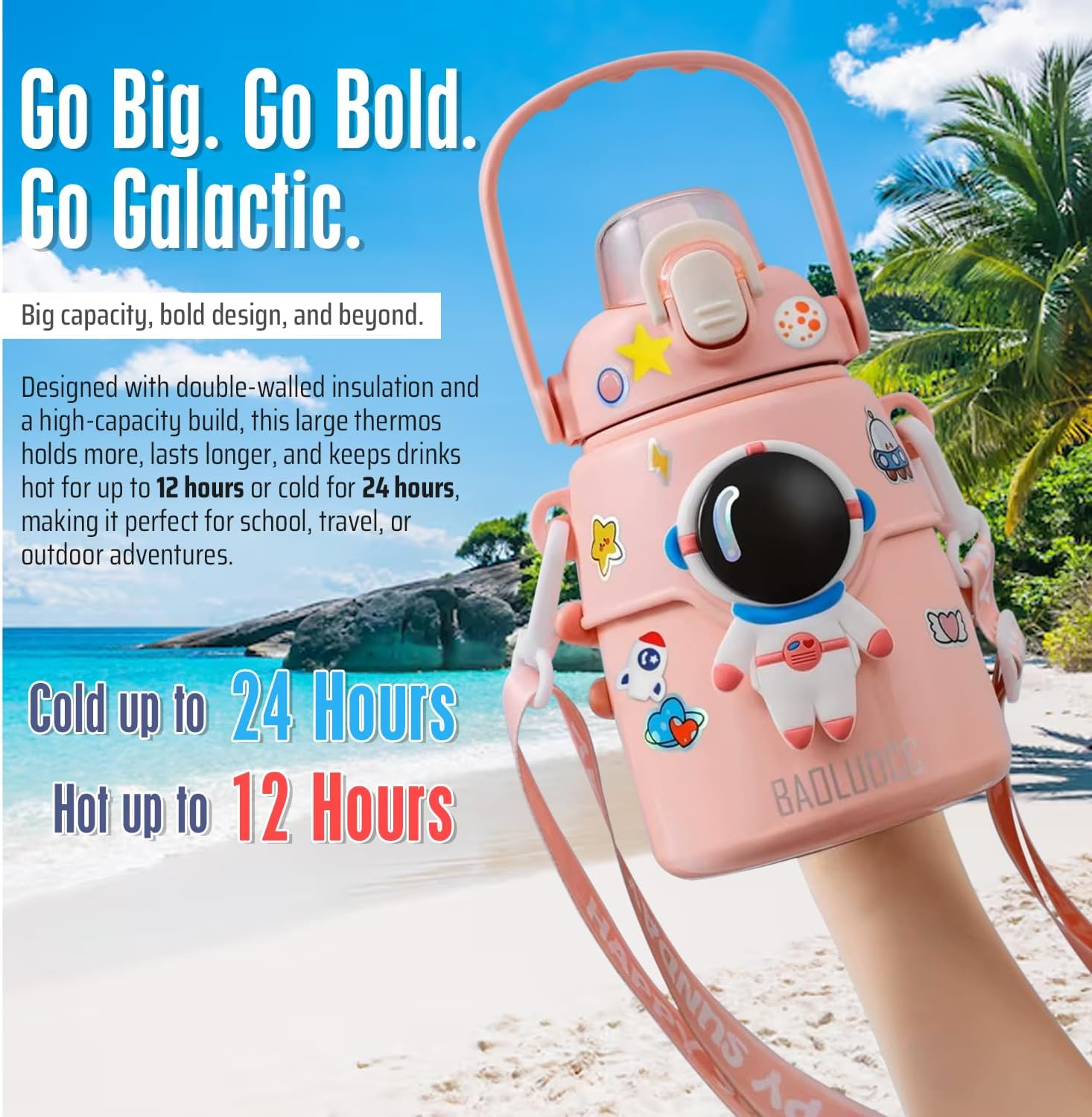 Outer Space Kids Water Bottle &ndash; 850Ml Leakproof Stainless Steel Thermos with Straw Lid, Strap & Stickers &ndash; Insulated Double Wall Bottle Keeps Drinks Cold 24H / Hot 12H for School & Travel - Blue image number 4