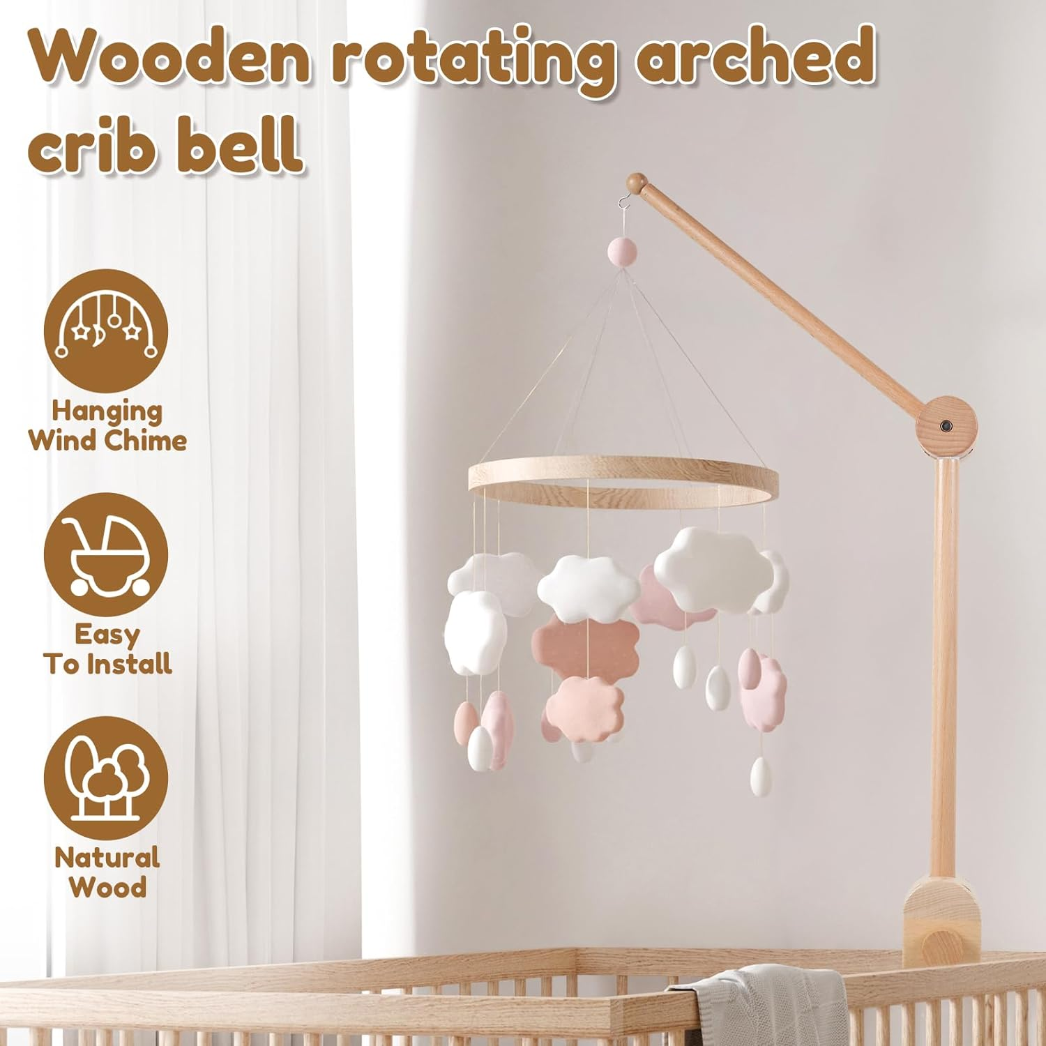 Baby Crib Mobile Arm 27Inch Wooden Crib Mobile Holder Angle and Height Adjustable Crib Mobile Arm Non-Skid Crib Mobile Bed Bell Holder Nursery Mobile Hanger for Crib Nursery D&eacute;cor image number 2