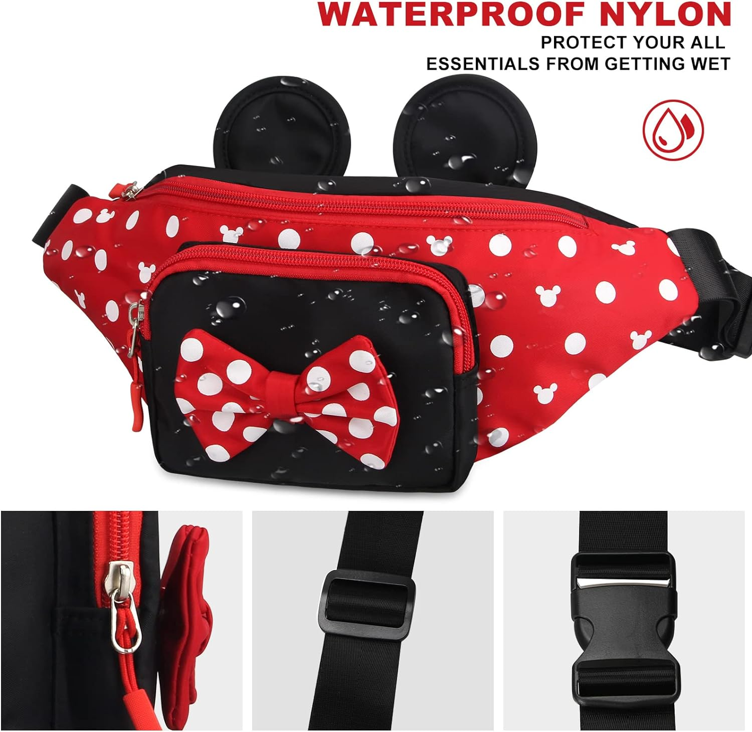 Cute Fanny Pack for Travel Fanny Pack Women Waist Pack Teen Girls Mini Mouse Belt Bag Cartoon Fanny Pack Hiking Bum Bags Outdoor Waist Bag with Mouse Ears, Red, Small, Disney Fanny Pack image number 5