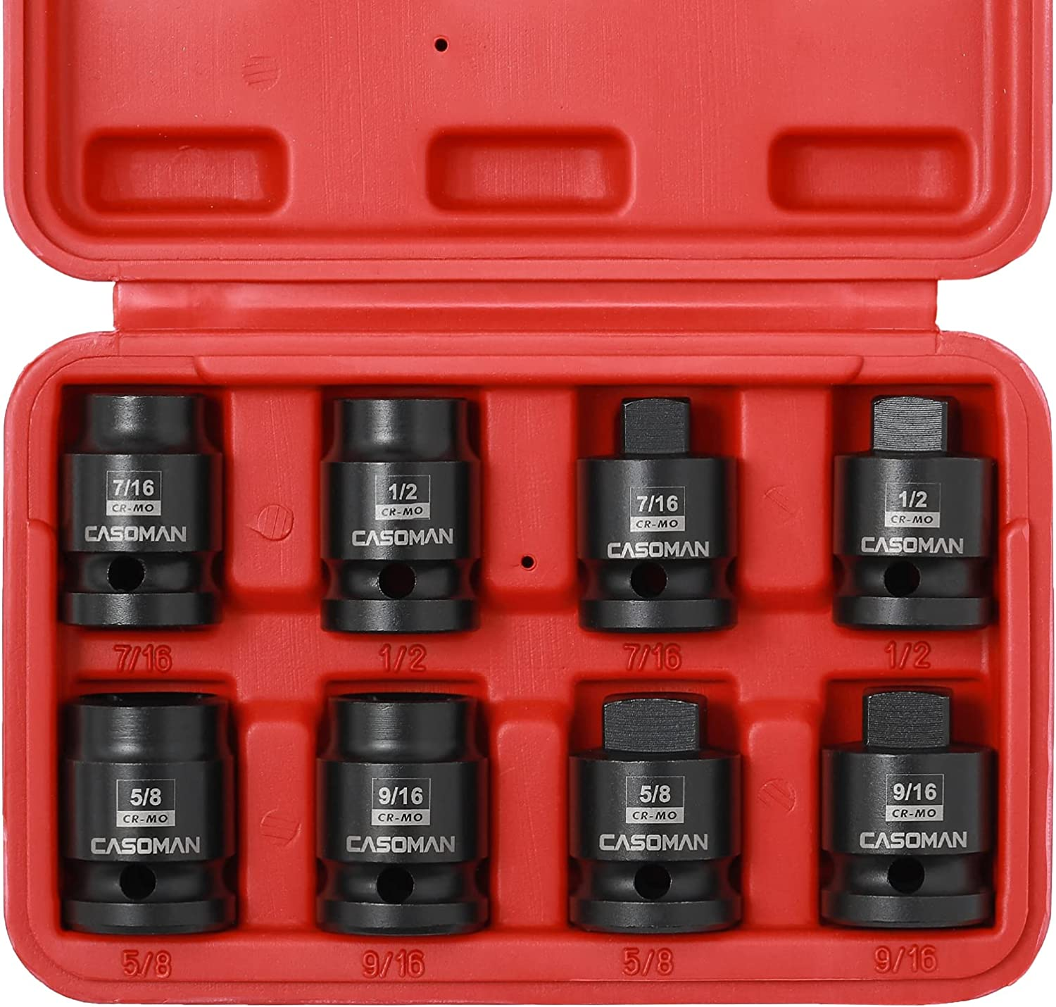 CASOMAN 8PCS 1/2-Inch Drive Pipe Plug Socket Set, Cr-Mo, SAE, Male/Female Set, 7/16", 1/2", 5/8", 9/16", Tapered Male Square Drive, Chamfered Female Square Drive image number 6