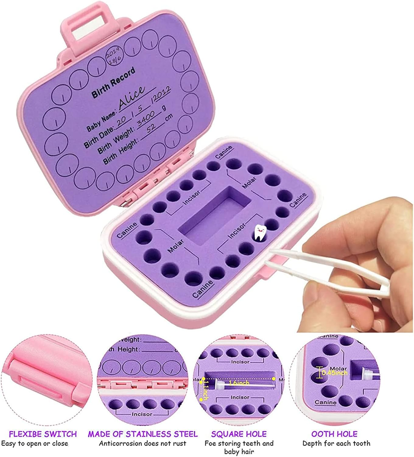 Baby Teeth Keepsake Box - Kids Teeth Holder with Fetal Hair Container and Tweezer (Pink)