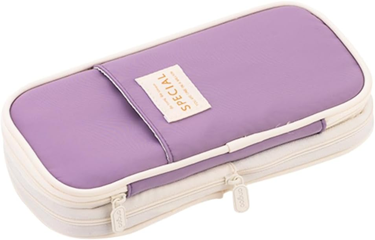Isuperb Pencil Case Large Capacity Student Canvas Pencil Case Storage Bag Double Zipper Pencil Box for School, Dark Purple, Modern Style image number 2