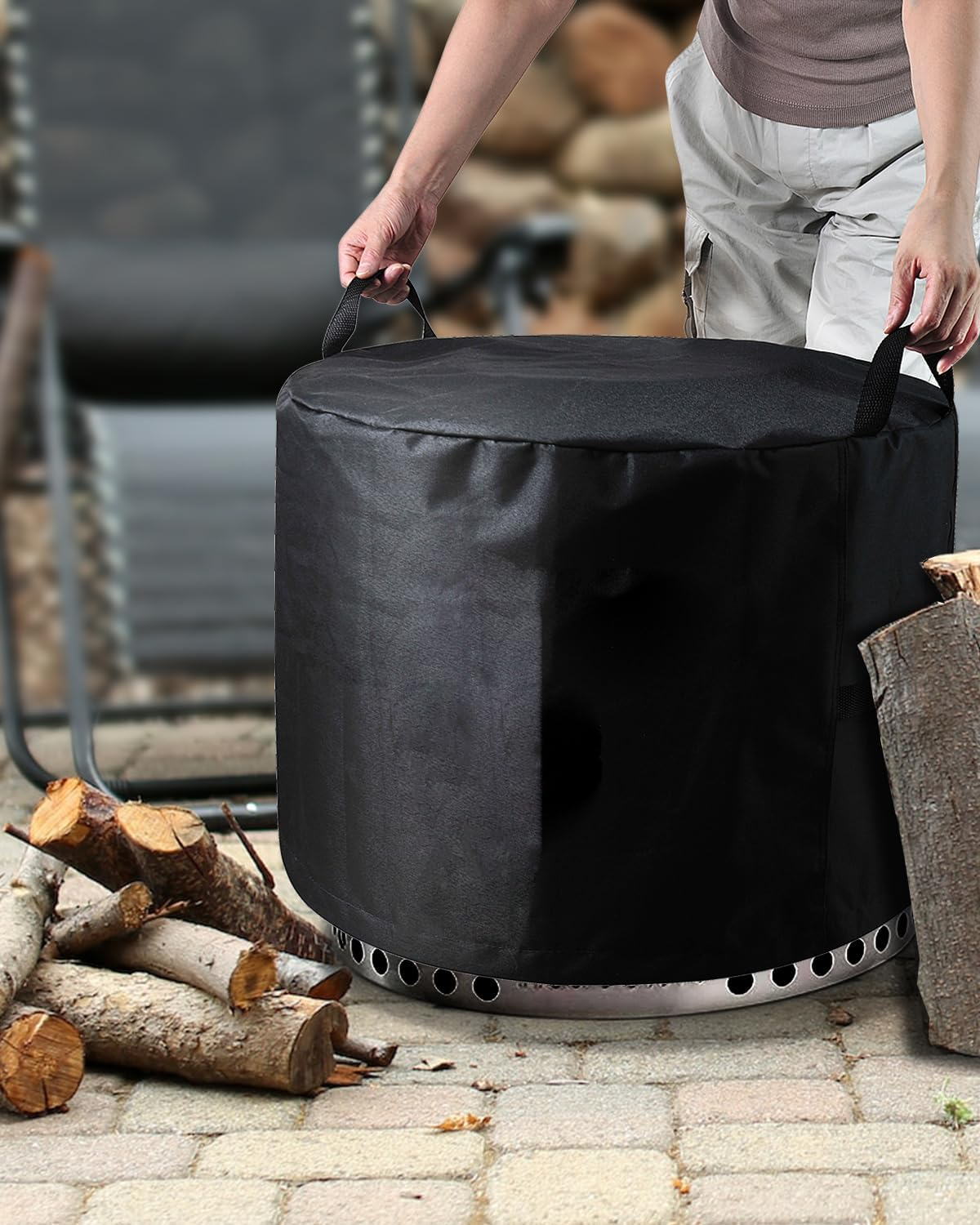 Sheechung Fire Pit Cover for Solo Stove Bonfire 22"D X 16"H Outdoor Smokeless Firepit-Round Waterproof 600D Polyester Shelter,Air Vents,Anti-Uv&Tear Resistant-Fits 19-22 Inch Gas Fire Pits/Table Black image number 6